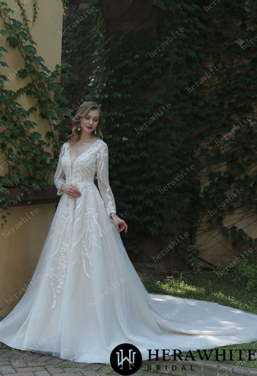 Wedding Dress Long Sleeve Lace A-Line with Plunging V-Neck