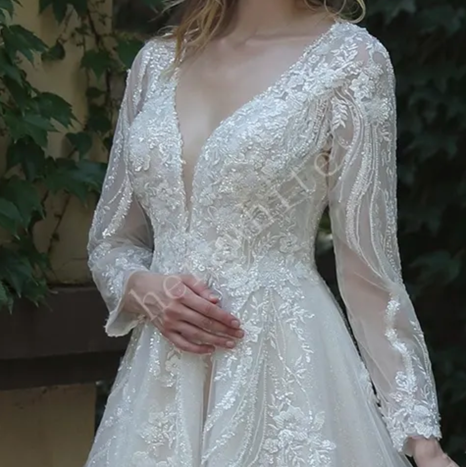 Wedding Dress Long Sleeve Lace A-Line with Plunging V-Neck