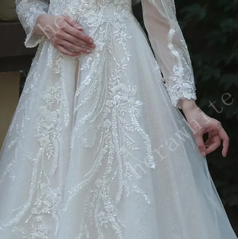 Wedding Dress Long Sleeve Lace A-Line with Plunging V-Neck