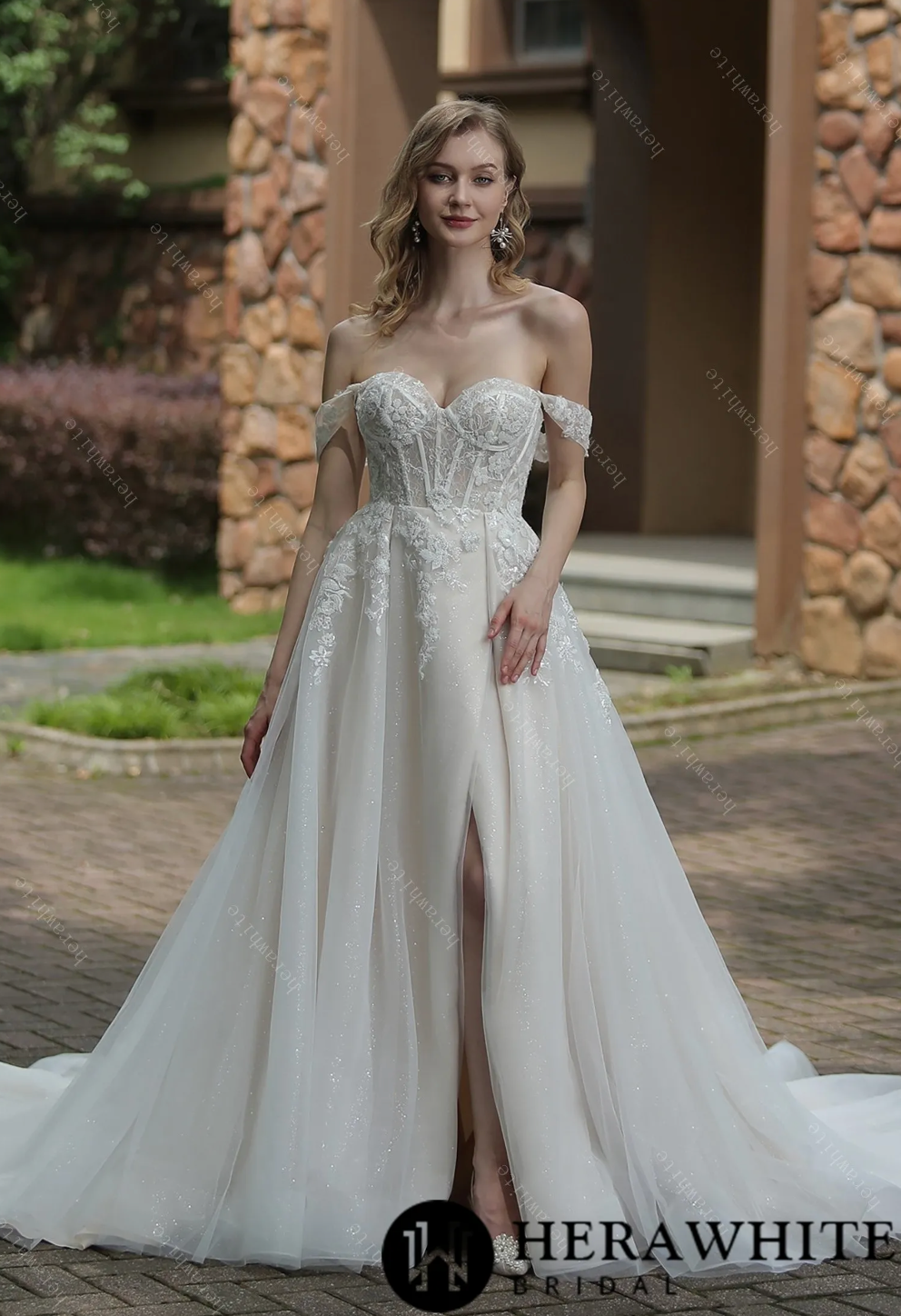 Off The Shoulder Sweetheart Lace Ball Gown with Slit