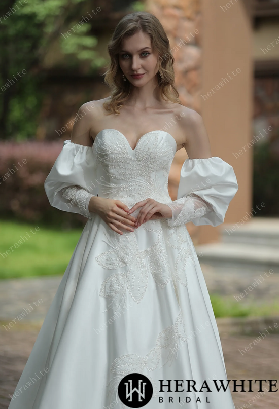 Classic Sweetheart Satin Wedding Dress With Detachable Pouf Sleeves