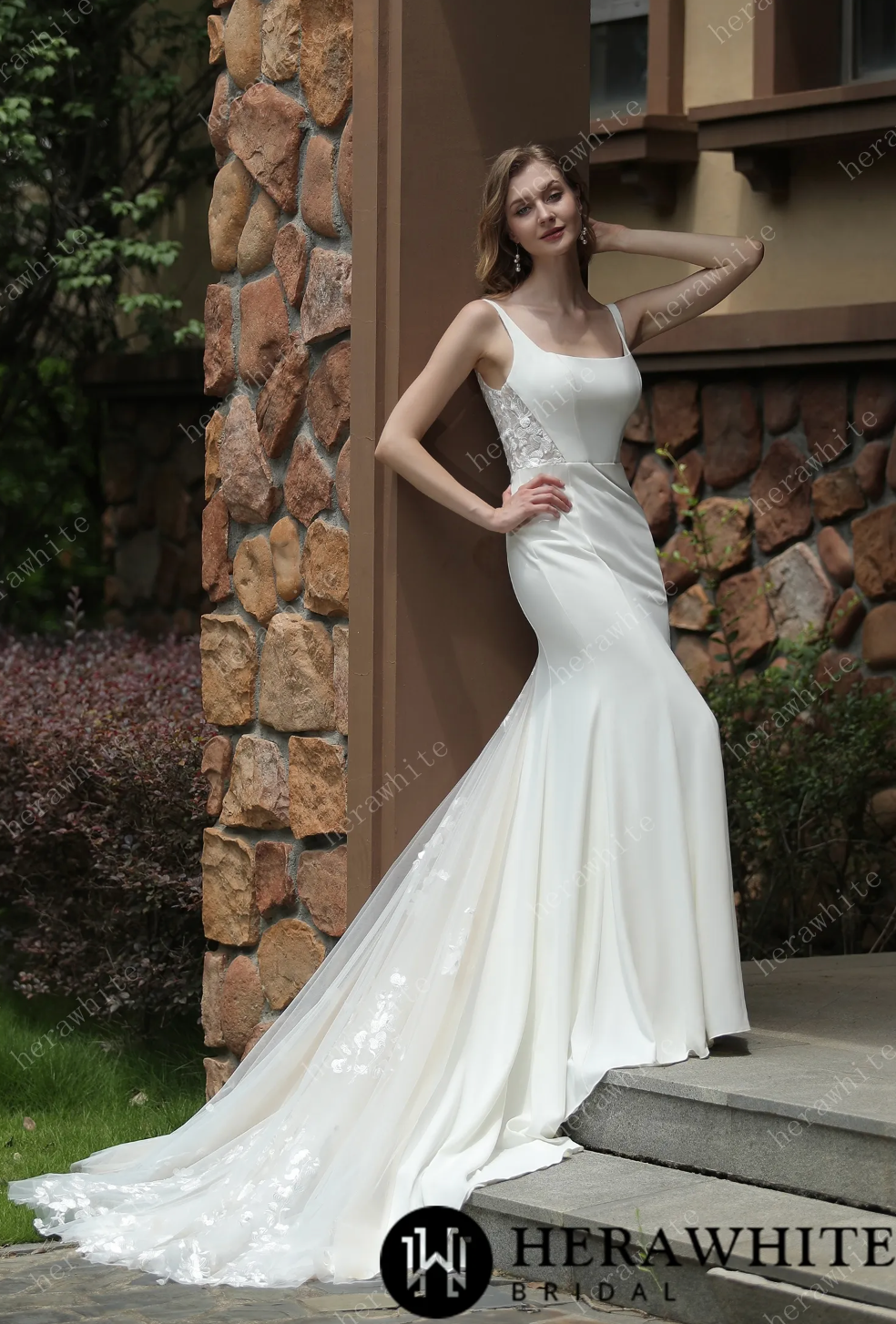 Square Neck Crepe Fit And Flare Wedding Dress With Tulle