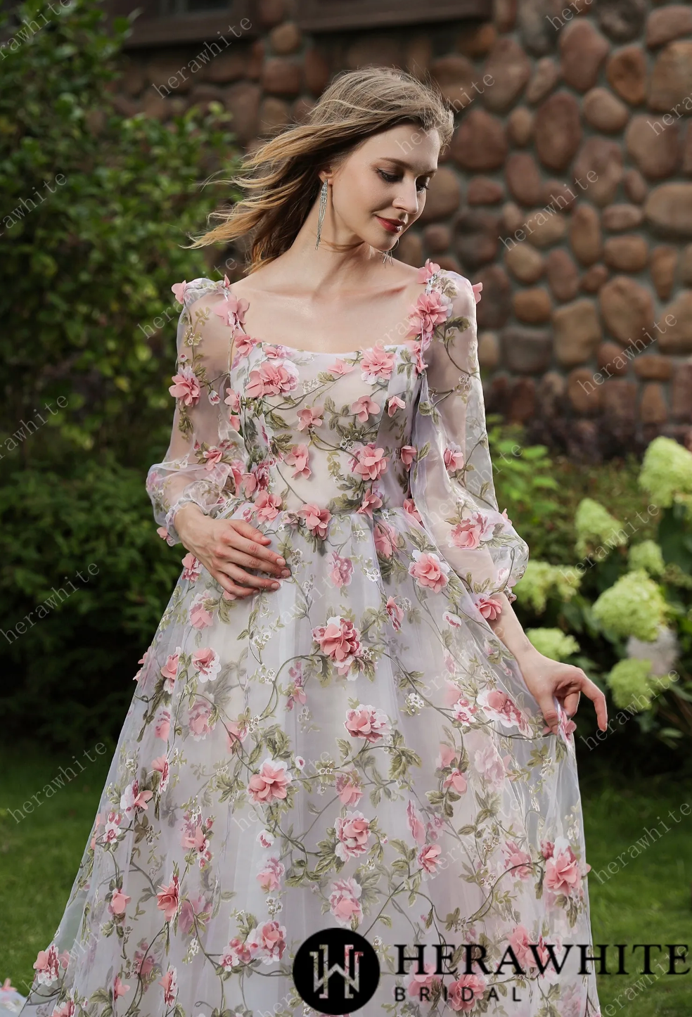 Romantic Square Neckline 3D Flowers Bridal Gown With Detachable Sleeves