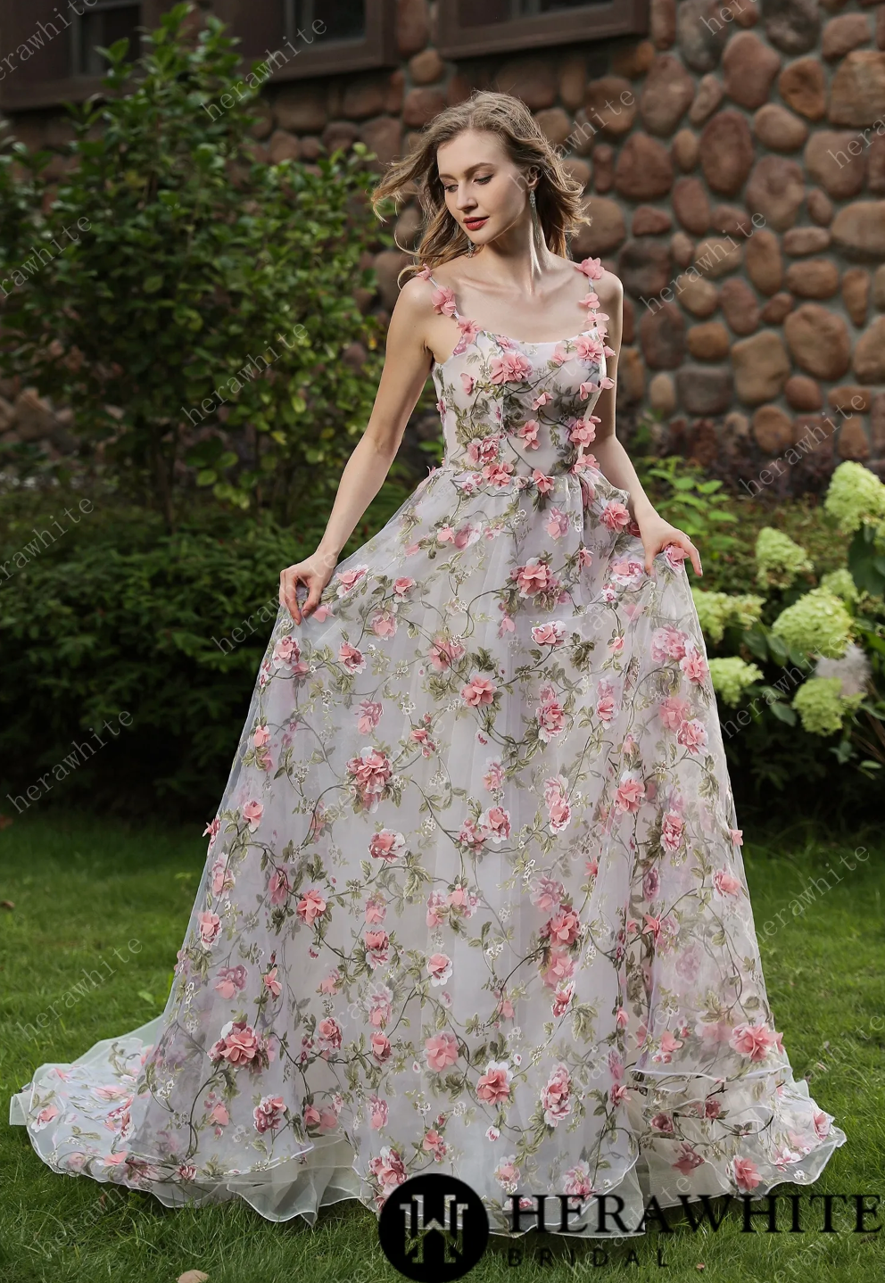 Wedding Dress 3D Flowers And Train With Detachable Sleeves