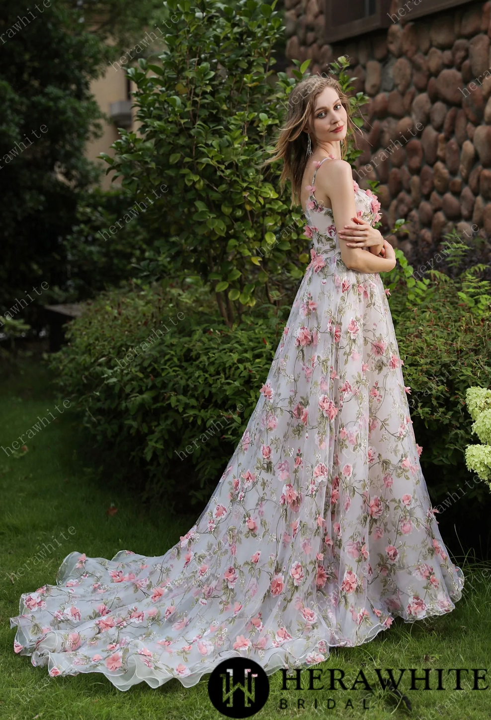 Wedding Dress 3D Flowers And Train With Detachable Sleeves