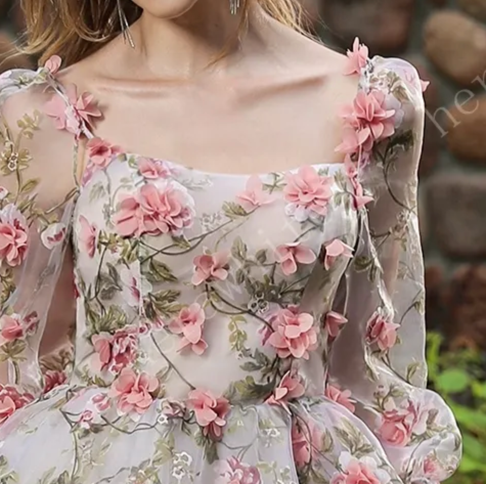 Wedding Dress 3D Flowers And Train With Detachable Sleeves