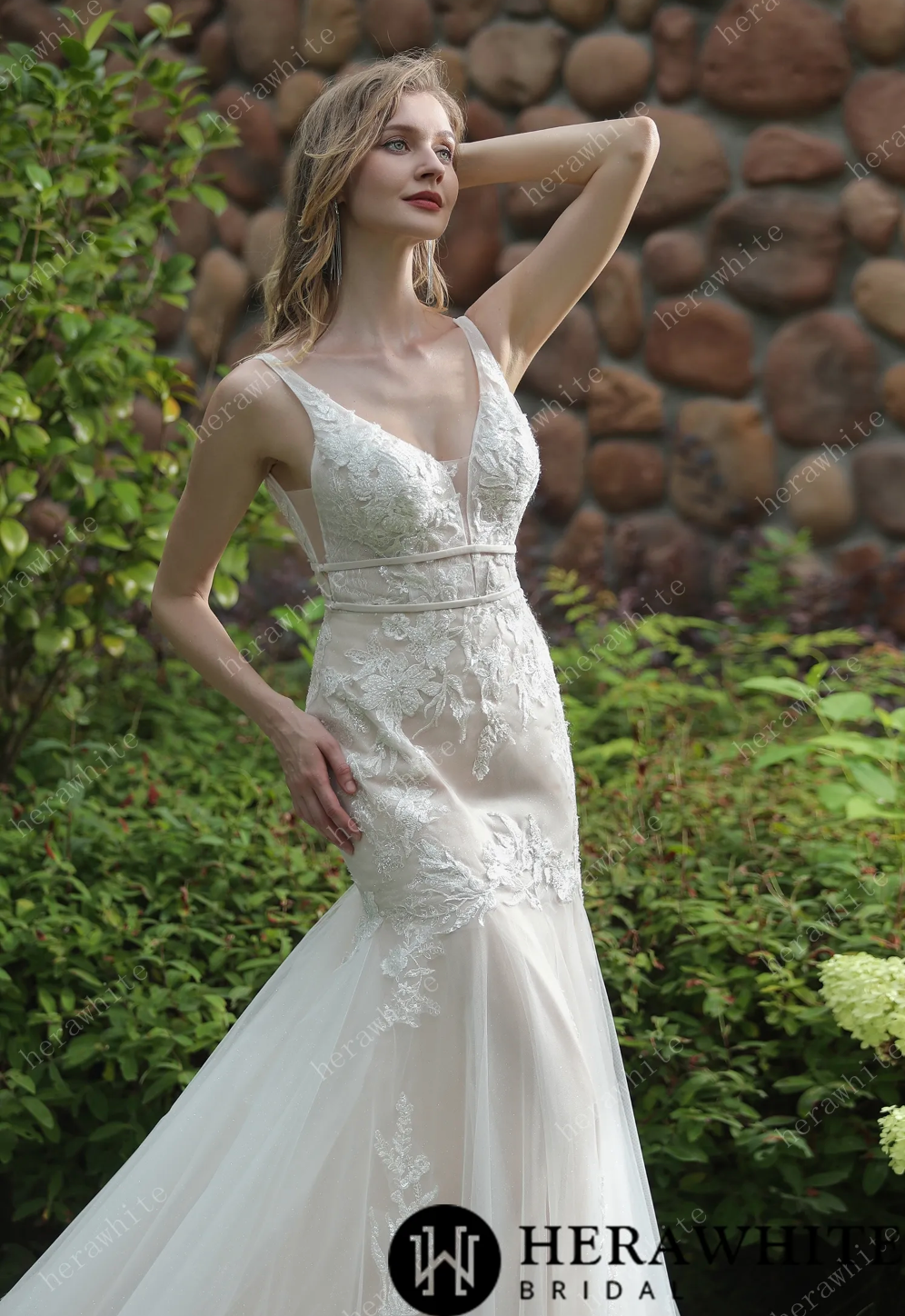 Plunging Sweetheart Beaded Mermaid Gown With Double Band