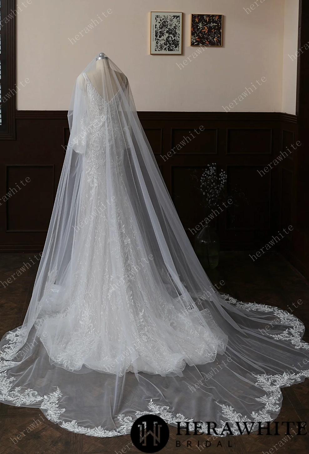 Garden Inspired Lace Edged Cathedral Length Bridal Veil
