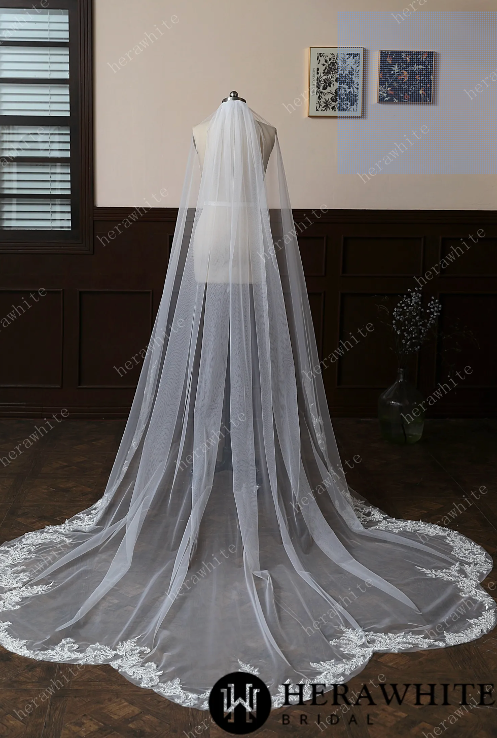 Garden Inspired Lace Edged Cathedral Length Bridal Veil