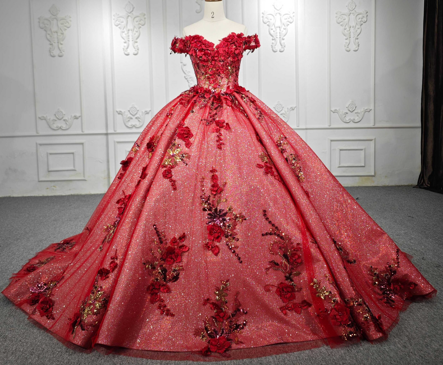 Quinceanera Dress Red Flower Ball Gown
