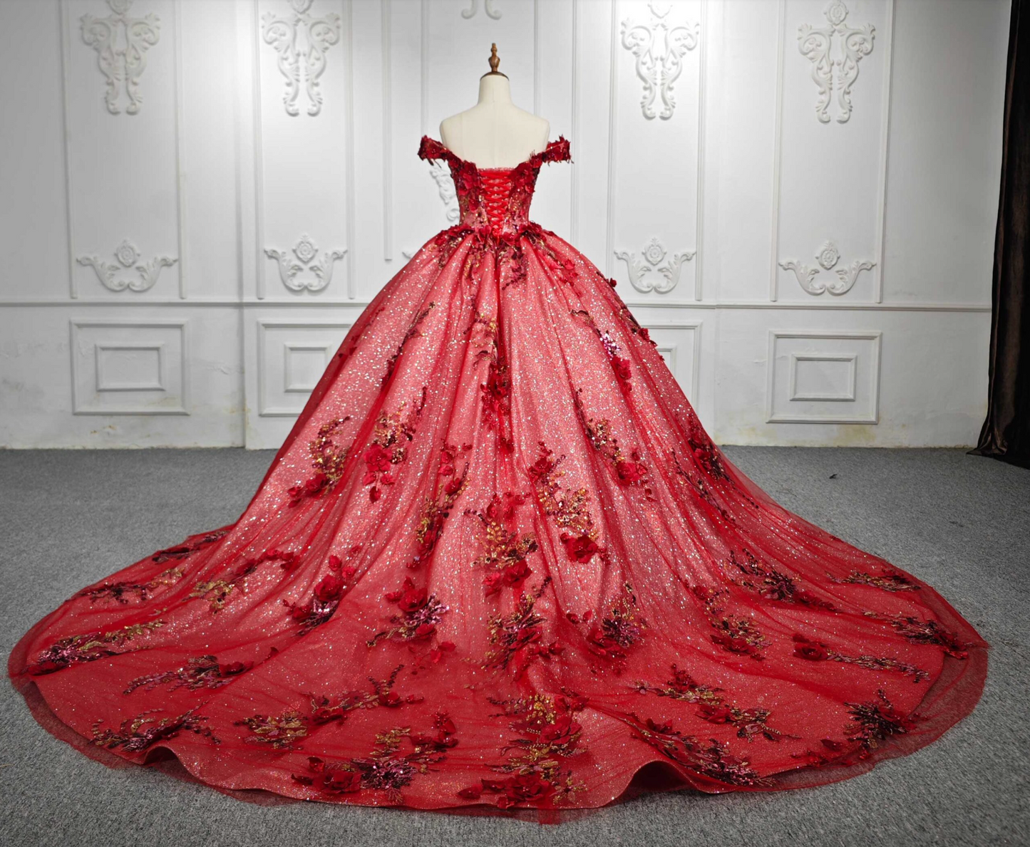 Quinceanera Dress Red Flower Ball Gown