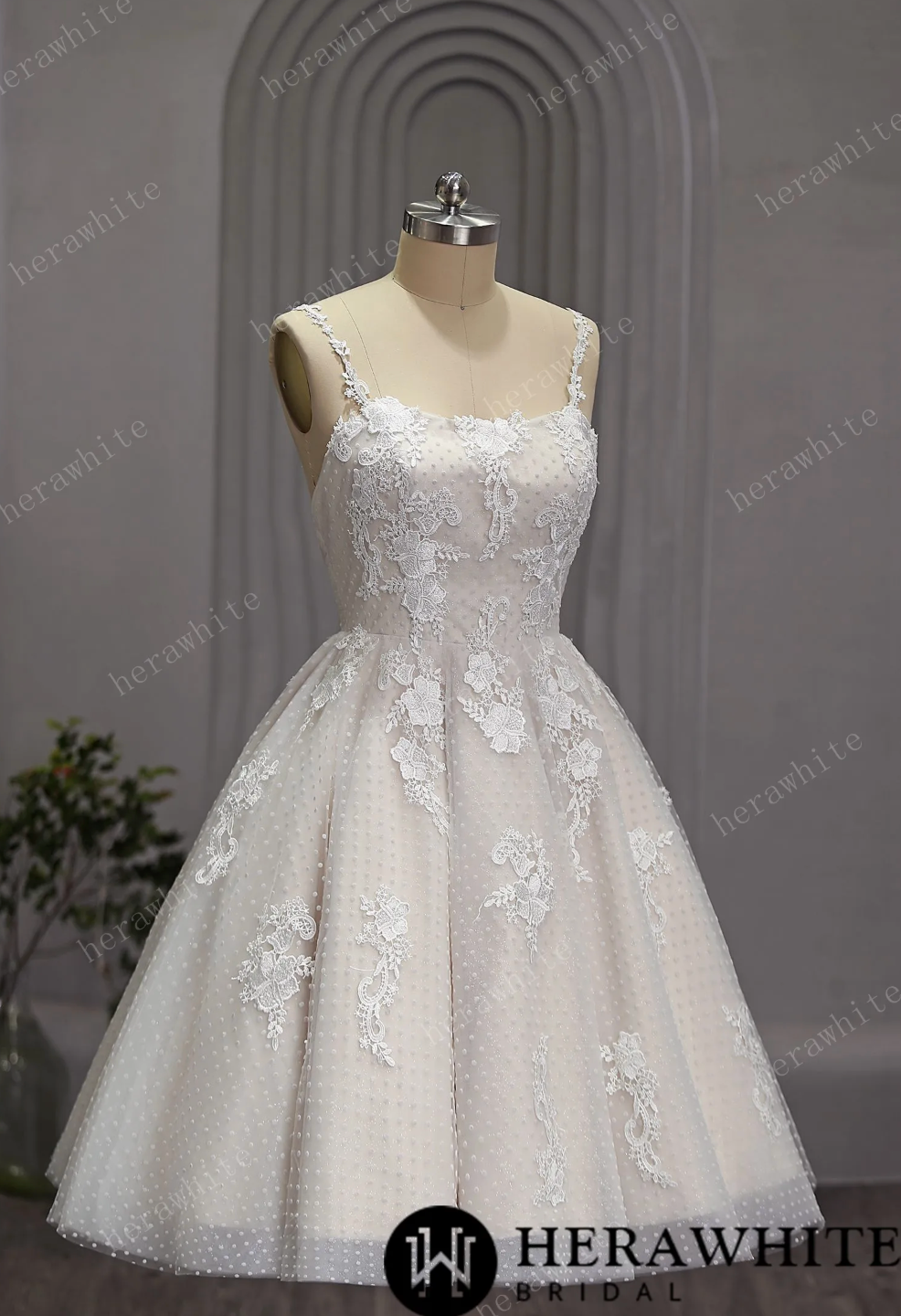 Mini Short Wedding Dress Tulle Polka Dot No Train, The polka dot tulle fabric adds a playful touch to the classic ballgown silhouette. And the lace detailing adds a touch of romance a