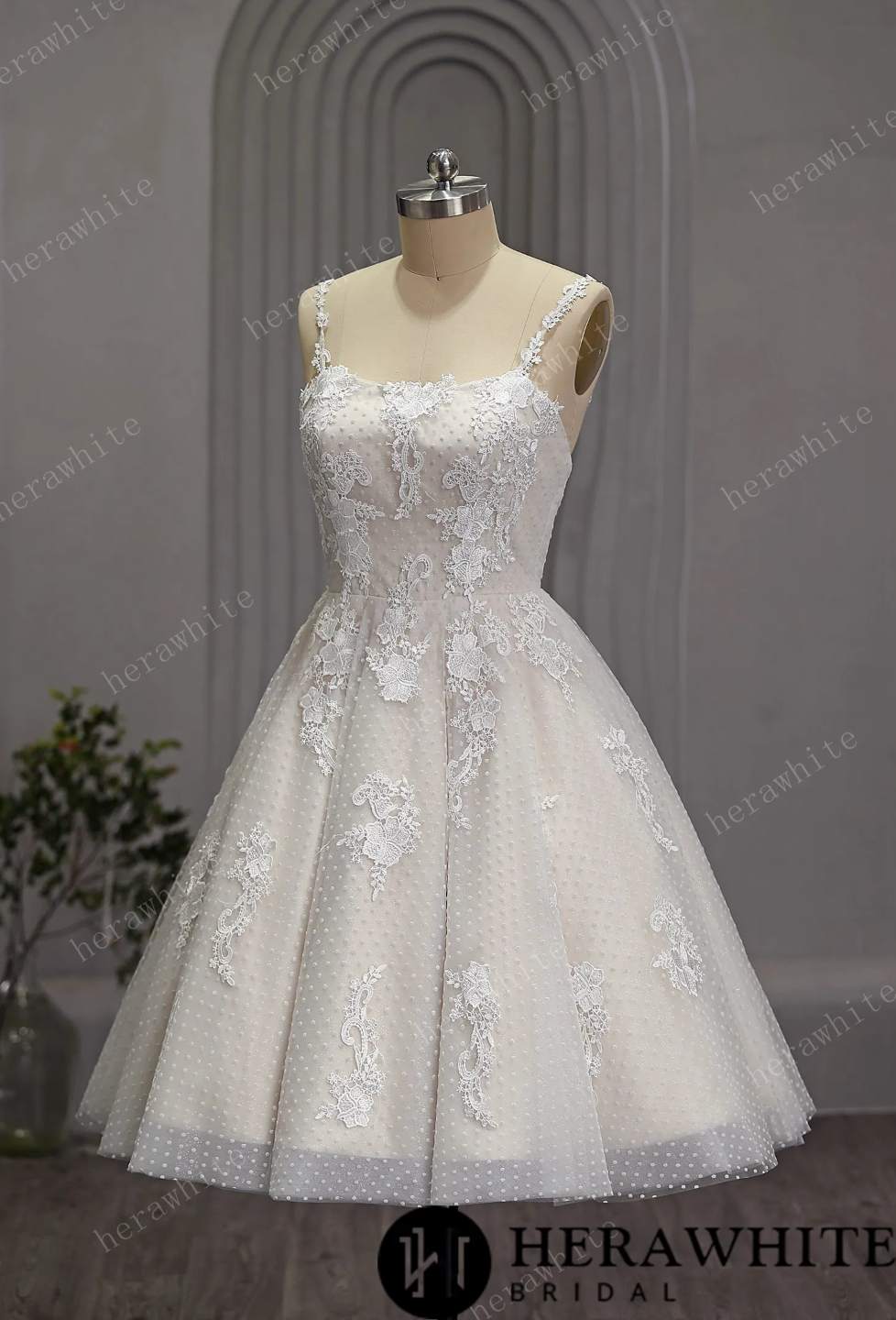 Mini Short Wedding Dress Tulle Polka Dot No Train, The polka dot tulle fabric adds a playful touch to the classic ballgown silhouette. And the lace detailing adds a touch of romance a