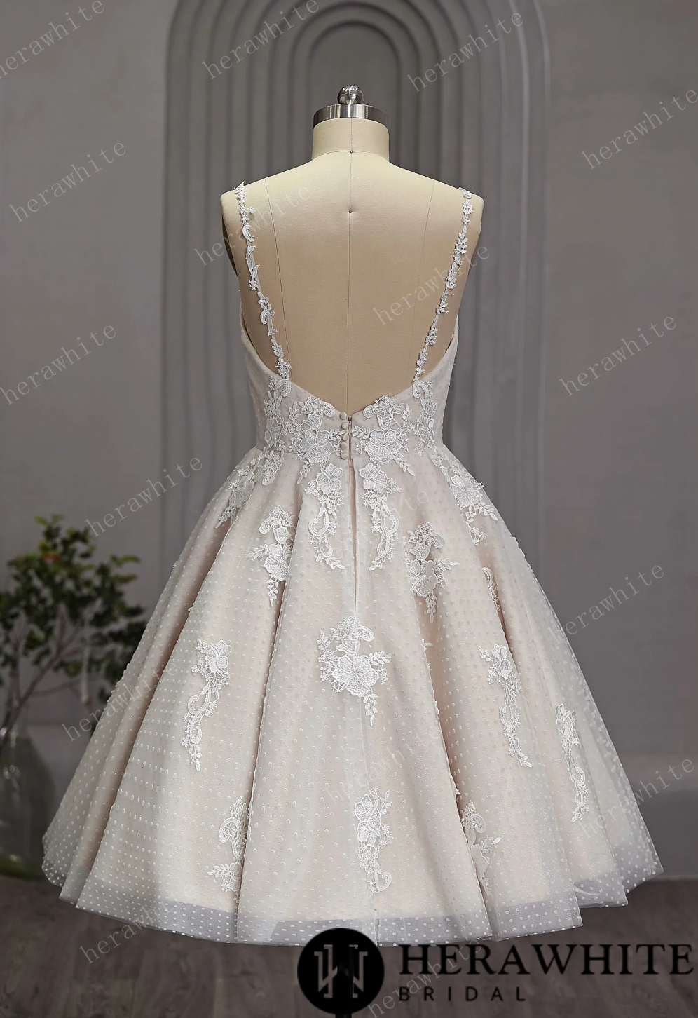 Mini Short Wedding Dress Tulle Polka Dot No Train, The polka dot tulle fabric adds a playful touch to the classic ballgown silhouette. And the lace detailing adds a touch of romance a