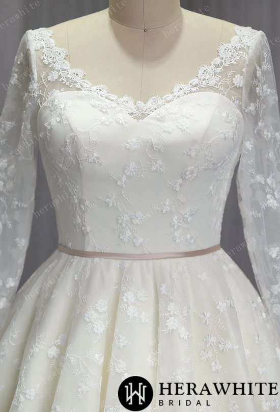 Vintage Lace Wedding Sheer Neckline With Sleeves Tea Length Garden Wedding Dress