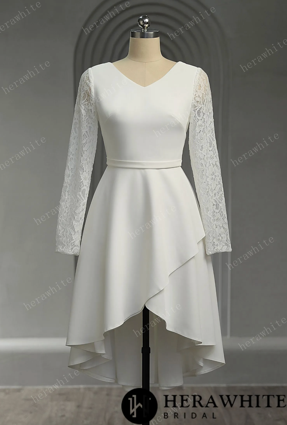 Mini Short Wedding Dress Crepe Lace Short Sleeves, The lace long sleeves, small V-neck, and elastic satin short skirt wedding dress is a beautiful