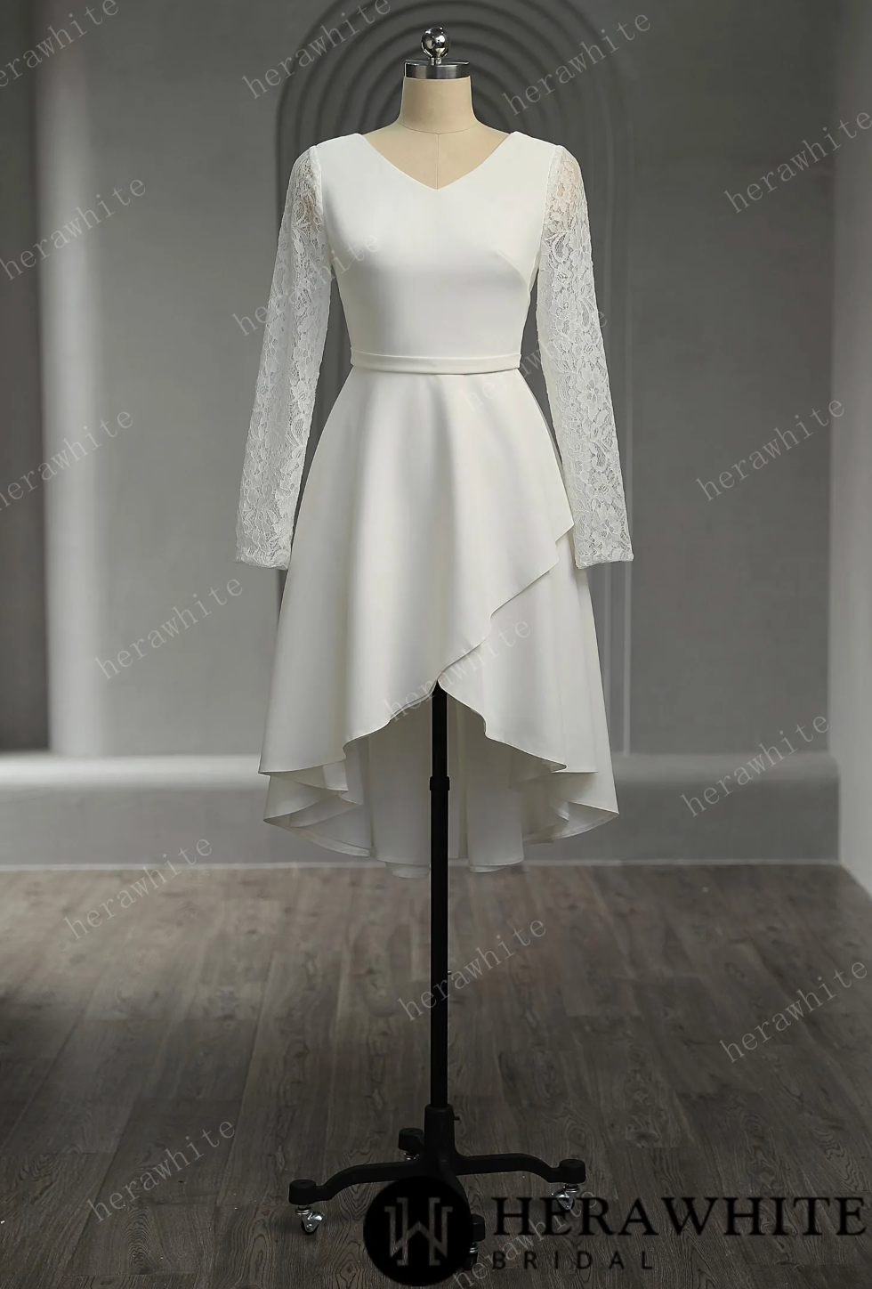 Mini Short Wedding Dress Crepe Lace Short Sleeves, The lace long sleeves, small V-neck, and elastic satin short skirt wedding dress is a beautiful