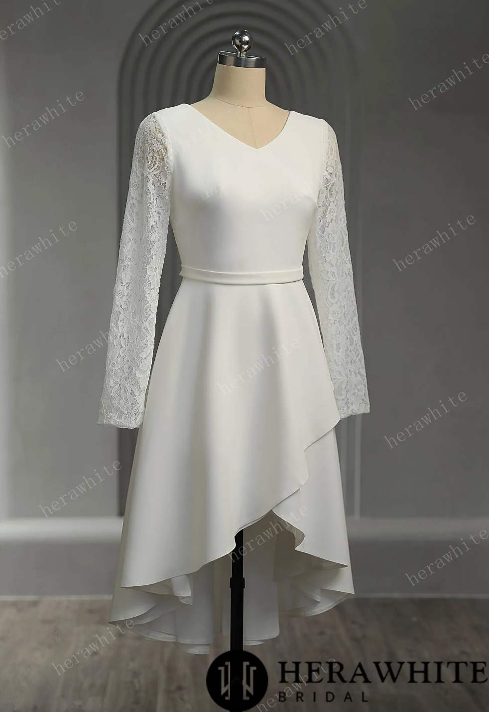 Mini Short Wedding Dress Crepe Lace Short Sleeves, The lace long sleeves, small V-neck, and elastic satin short skirt wedding dress is a beautiful