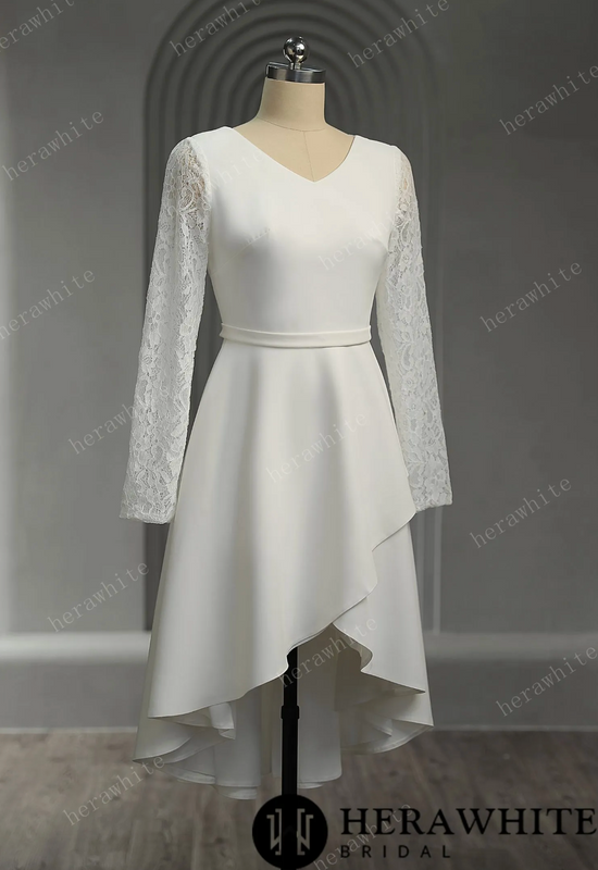 Elegant Crepe Lace Detail Short Wedding Dress