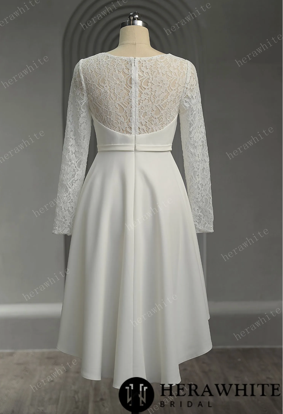Mini Short Wedding Dress Crepe Lace Short Sleeves, The lace long sleeves, small V-neck, and elastic satin short skirt wedding dress is a beautiful