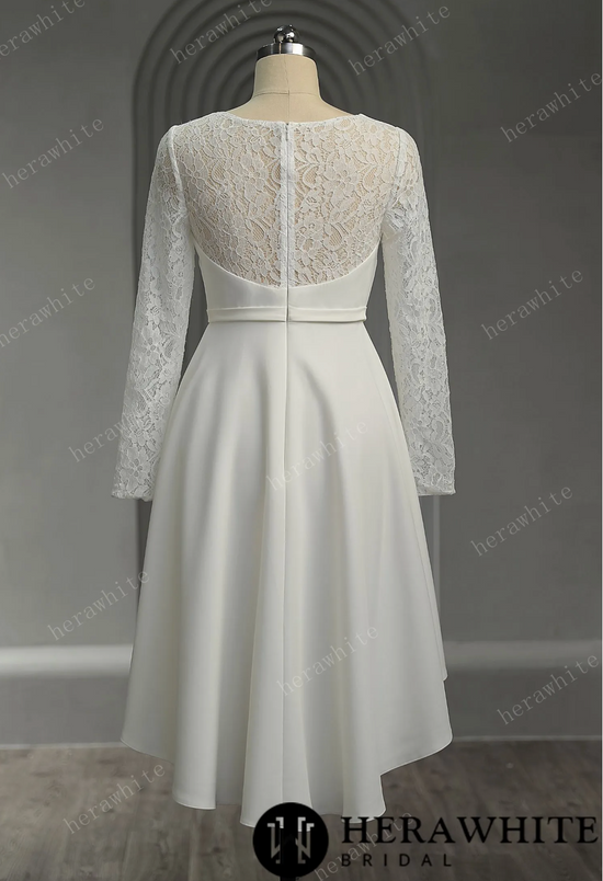 Elegant Crepe Lace Detail Short Wedding Dress