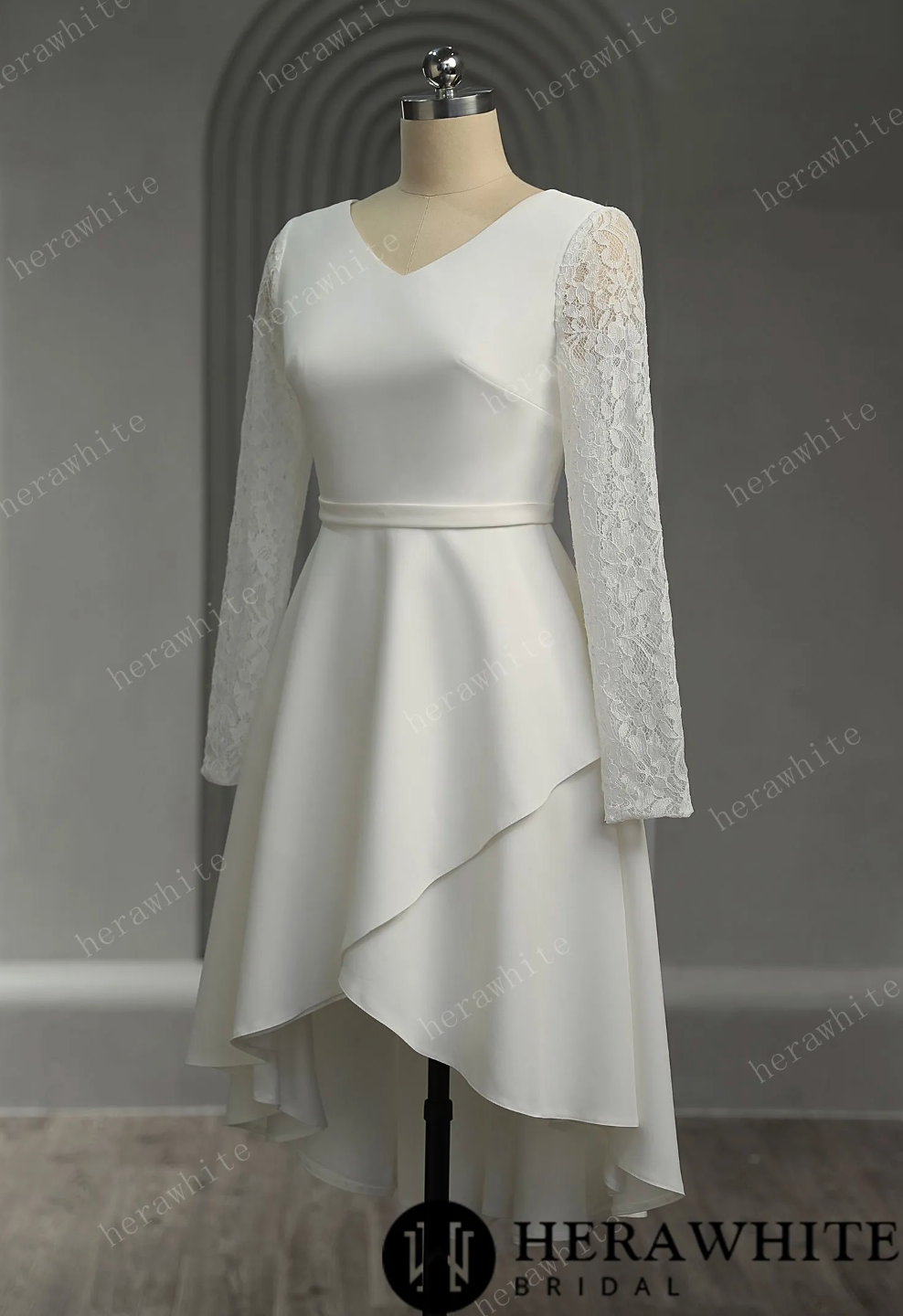 Mini Short Wedding Dress Crepe Lace Short Sleeves, The lace long sleeves, small V-neck, and elastic satin short skirt wedding dress is a beautiful