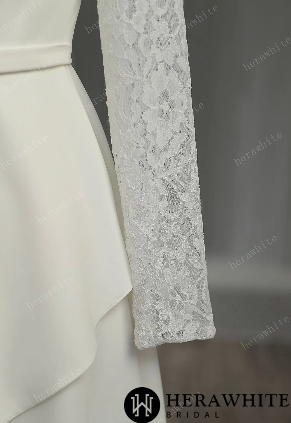 Mini Short Wedding Dress Crepe Lace Short Sleeves, The lace long sleeves, small V-neck, and elastic satin short skirt wedding dress is a beautiful