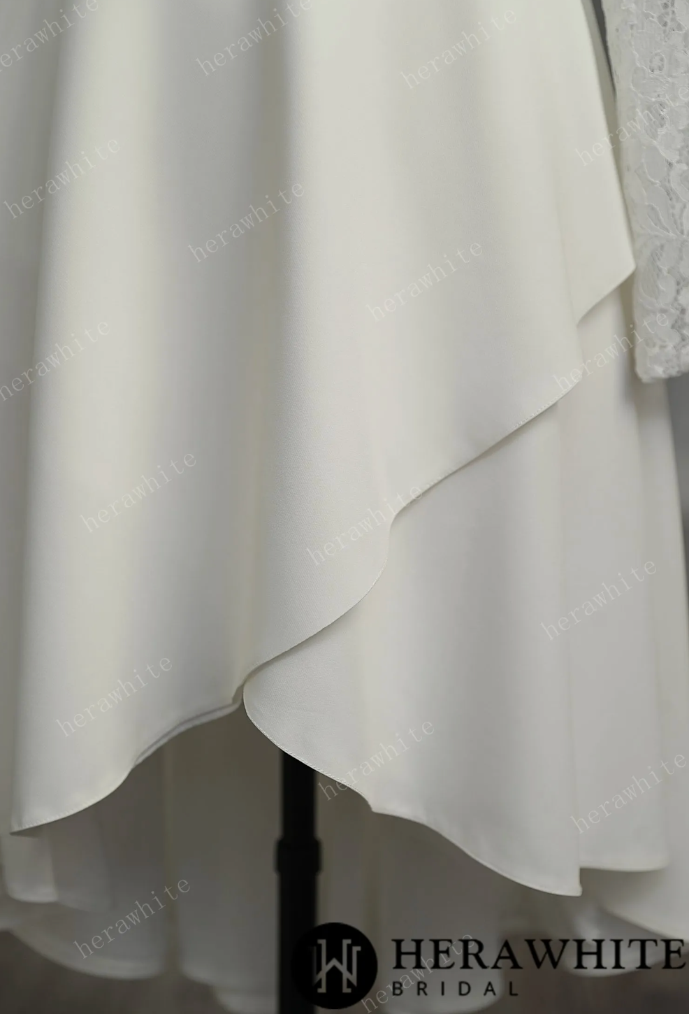Mini Short Wedding Dress Crepe Lace Short Sleeves, The lace long sleeves, small V-neck, and elastic satin short skirt wedding dress is a beautiful