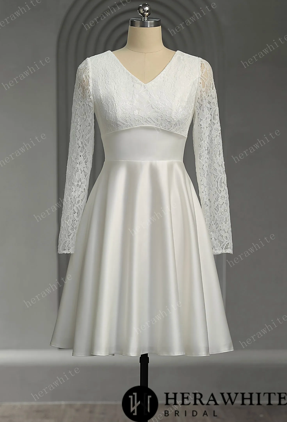 Mini Short Wedding Dress Satin Lace Bridal Gown, Satin skirt with high waist and zip back short wedding dress is the perfect choice for the modern bride