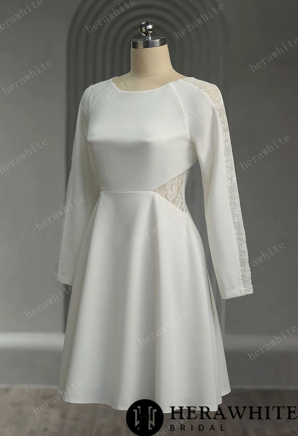 Mini Short Wedding Dress Illusion Lace Crepe Bridal Gown, This wedding dress is perfect for brides who want a blend of sophistication and femininity on their special day