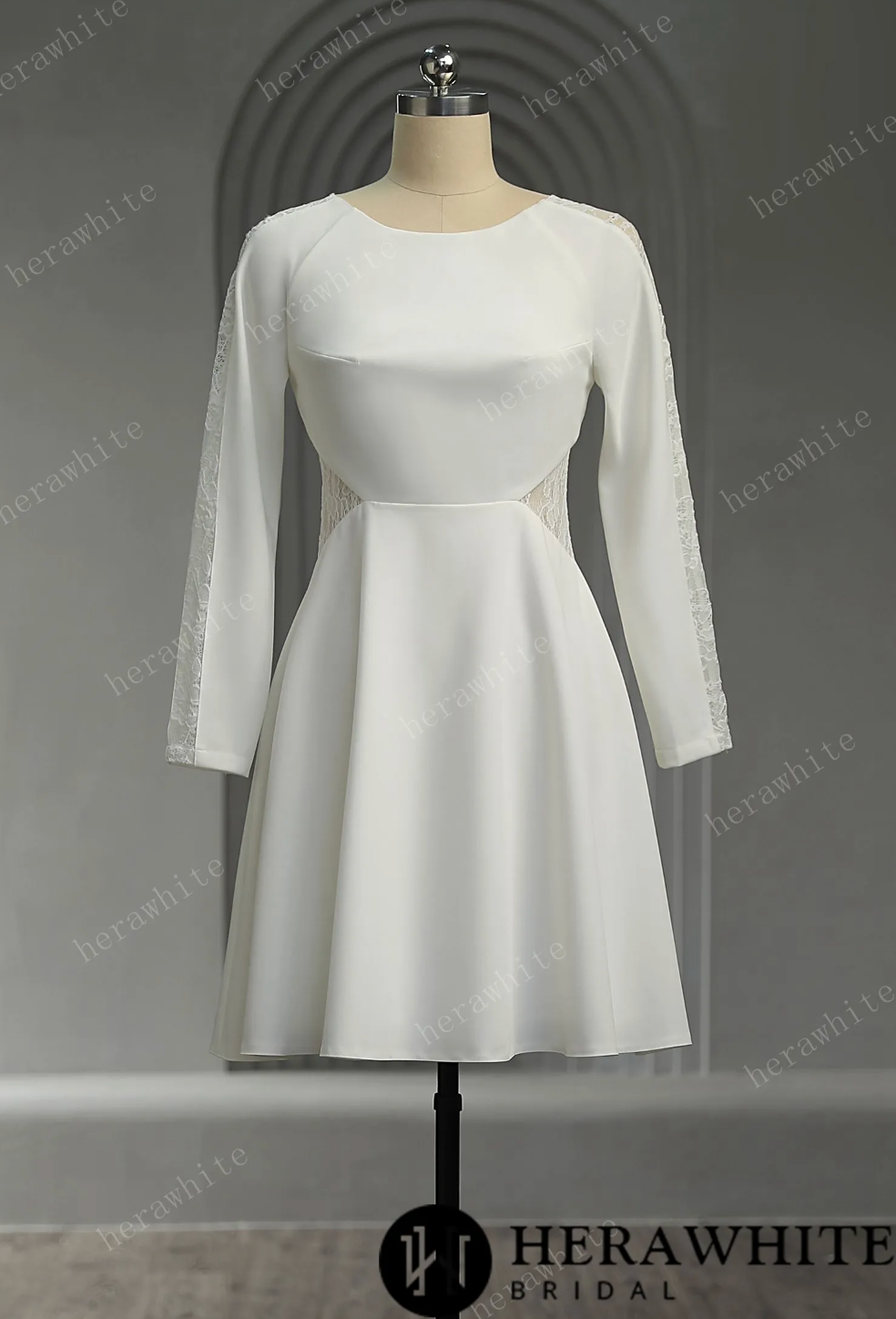 Mini Short Wedding Dress Illusion Lace Crepe Bridal Gown, This wedding dress is perfect for brides who want a blend of sophistication and femininity on their special day