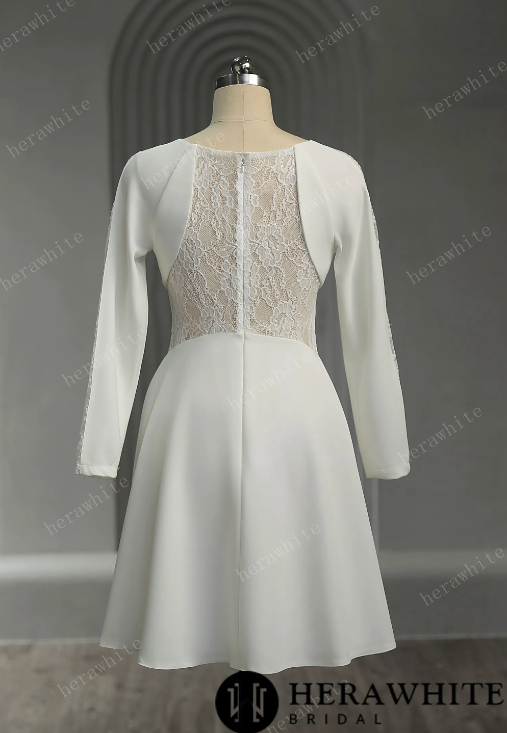 Mini Short Wedding Dress Illusion Lace Crepe Bridal Gown, This wedding dress is perfect for brides who want a blend of sophistication and femininity on their special day