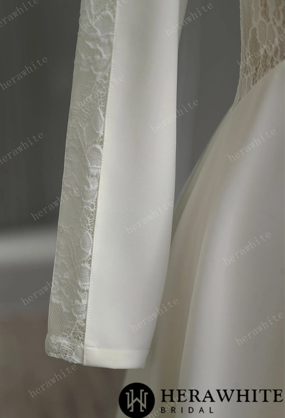 Mini Short Wedding Dress Illusion Lace Crepe Bridal Gown, This wedding dress is perfect for brides who want a blend of sophistication and femininity on their special day