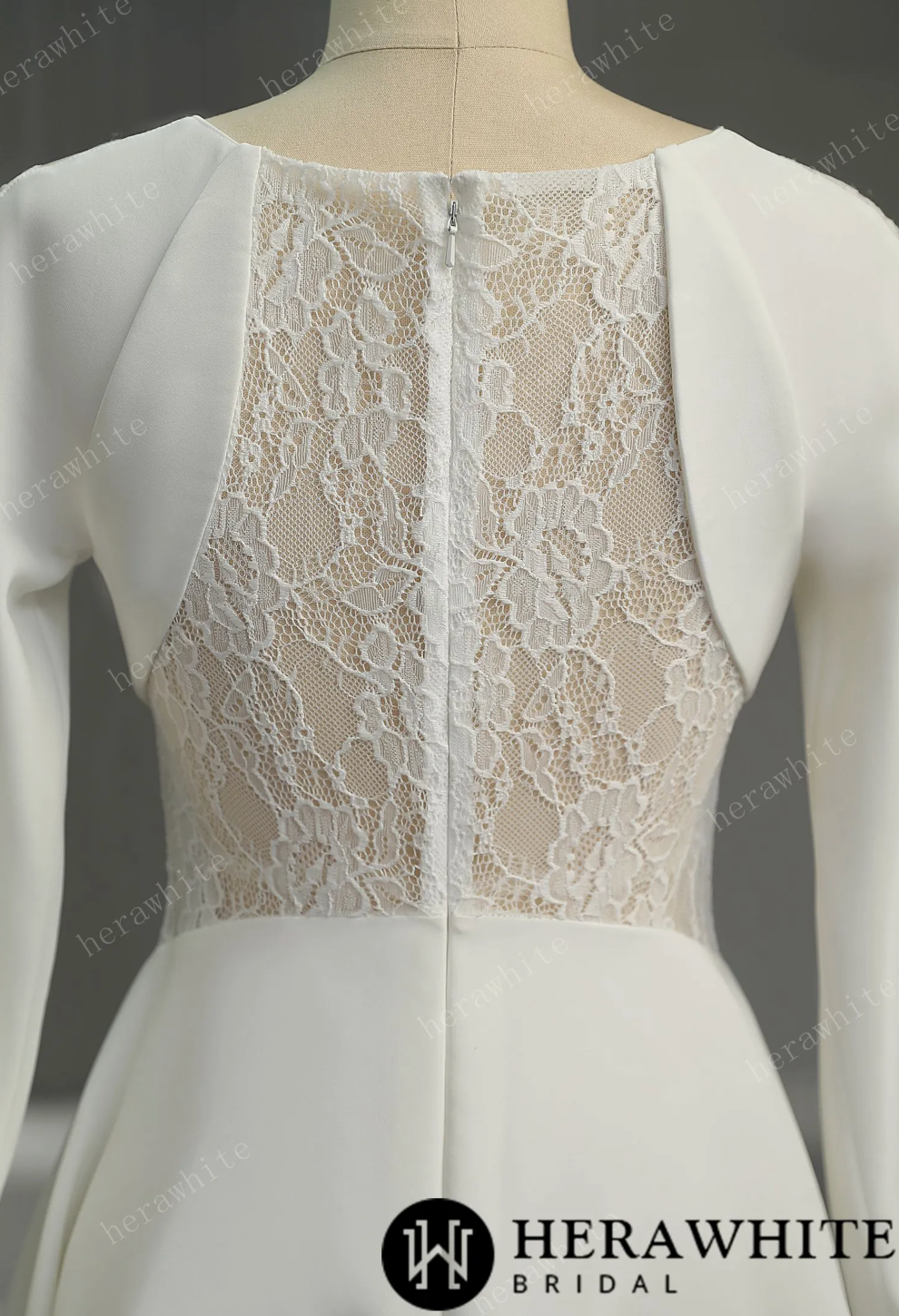 Mini Short Wedding Dress Illusion Lace Crepe Bridal Gown, This wedding dress is perfect for brides who want a blend of sophistication and femininity on their special day