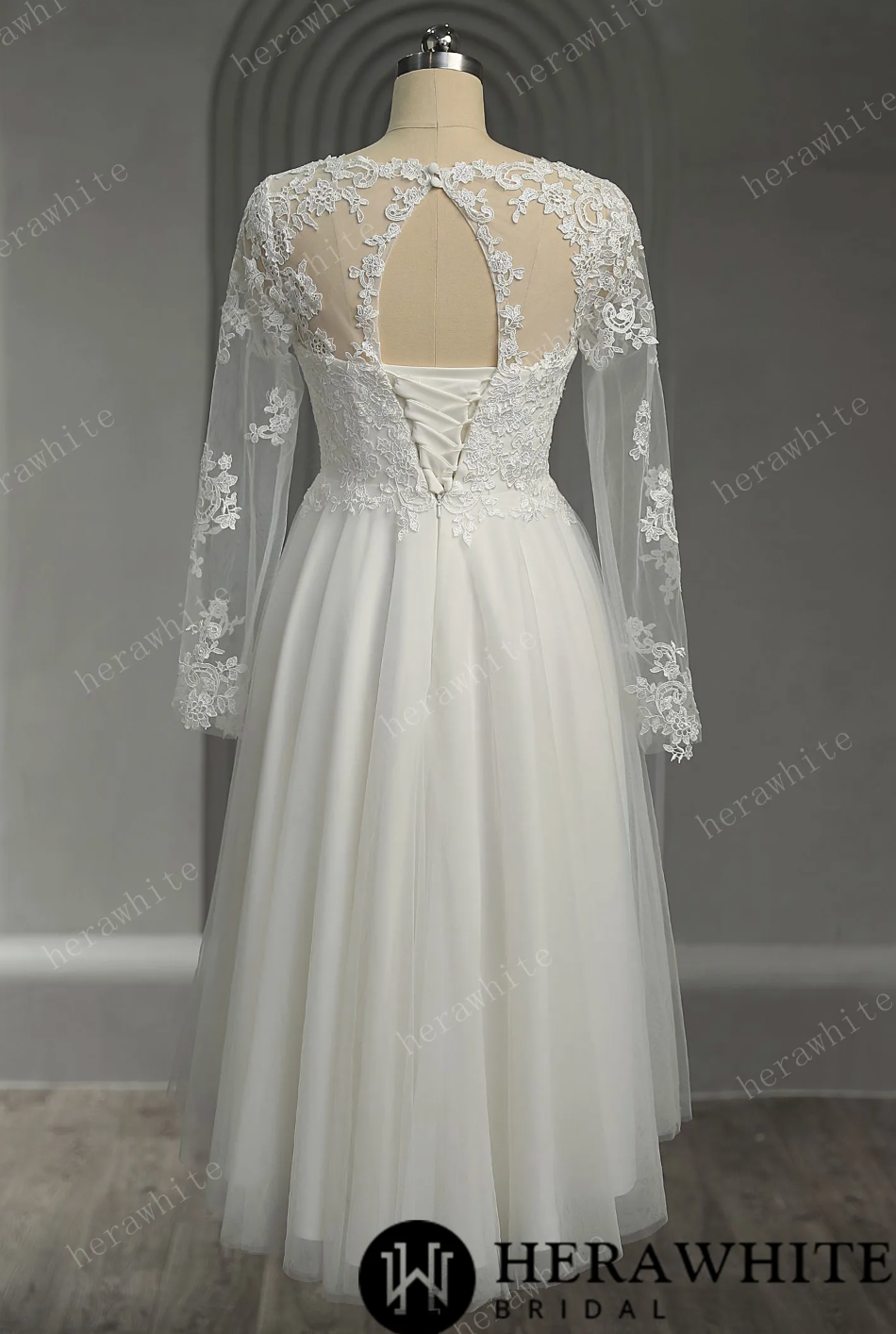 Mini Short Wedding Dress Long Lace Sleeves-No-Train, This wedding dress is perfect for brides who want a blend of sophistication and femininity on their special day.