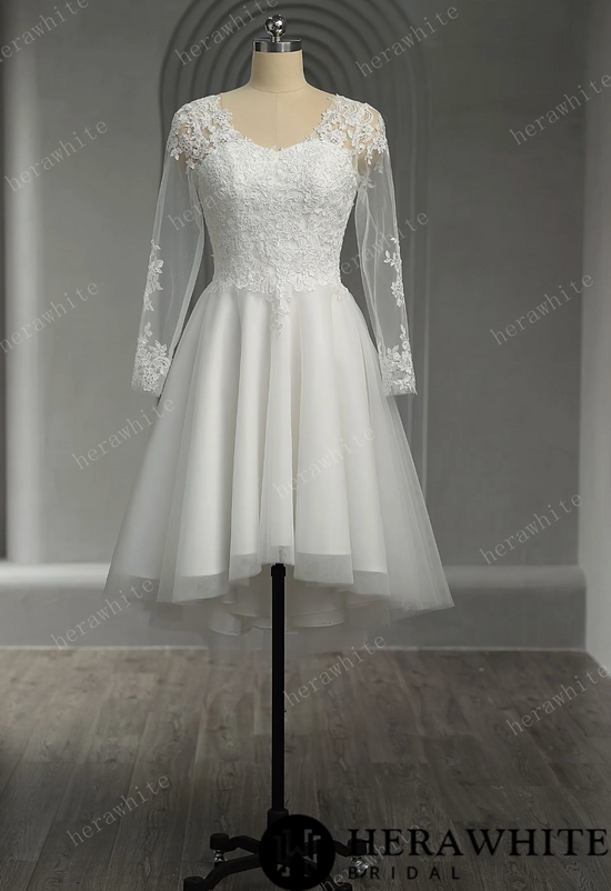 Floral Lace Short Wedding Dress with Lace Up Back
