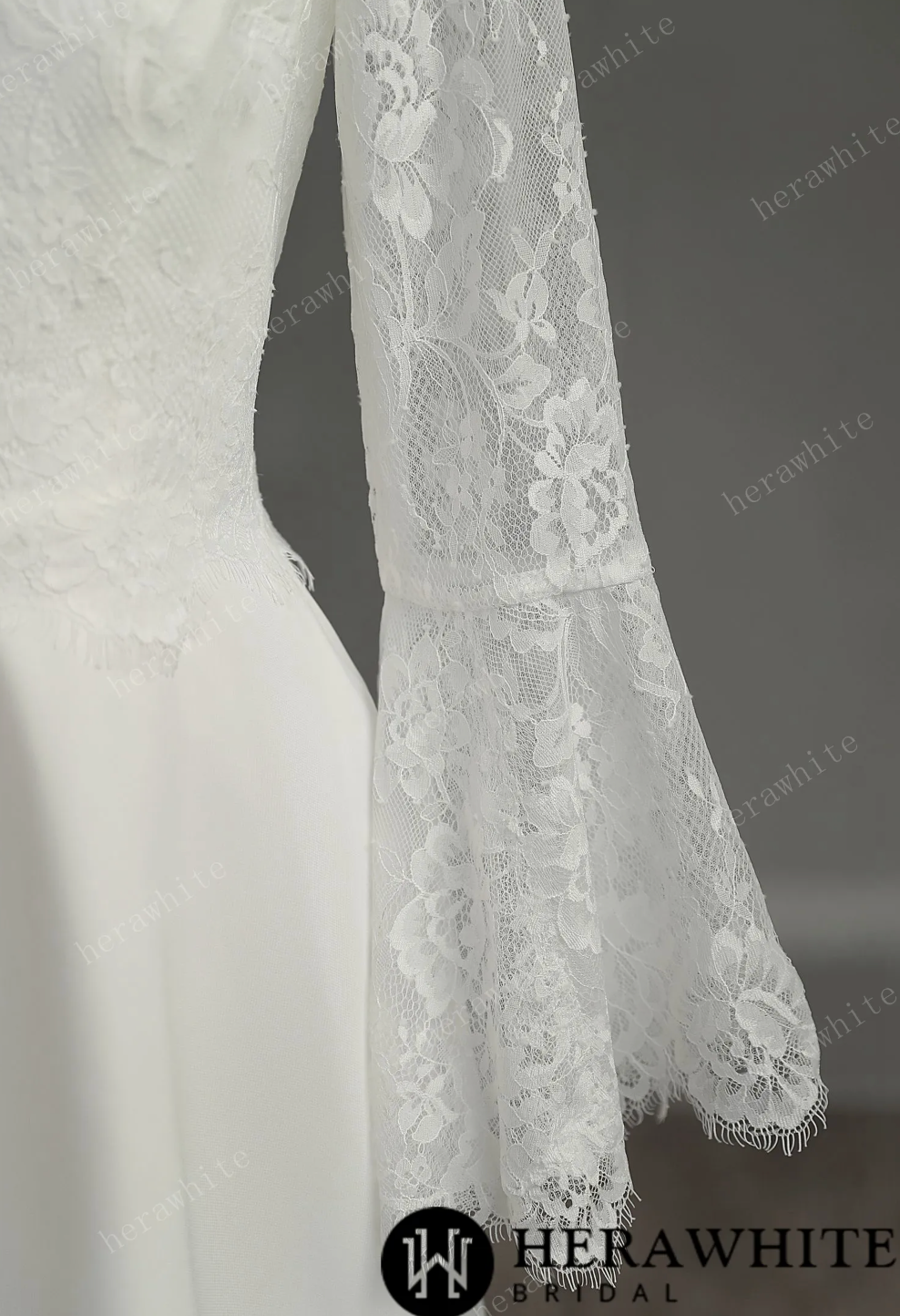 Mini Short Wedding Dress Lace Illusion Trumpet Long Sleeves, The silk chiffon fabric gives the dress a luxurious and silky appearance, while the lace adds a d