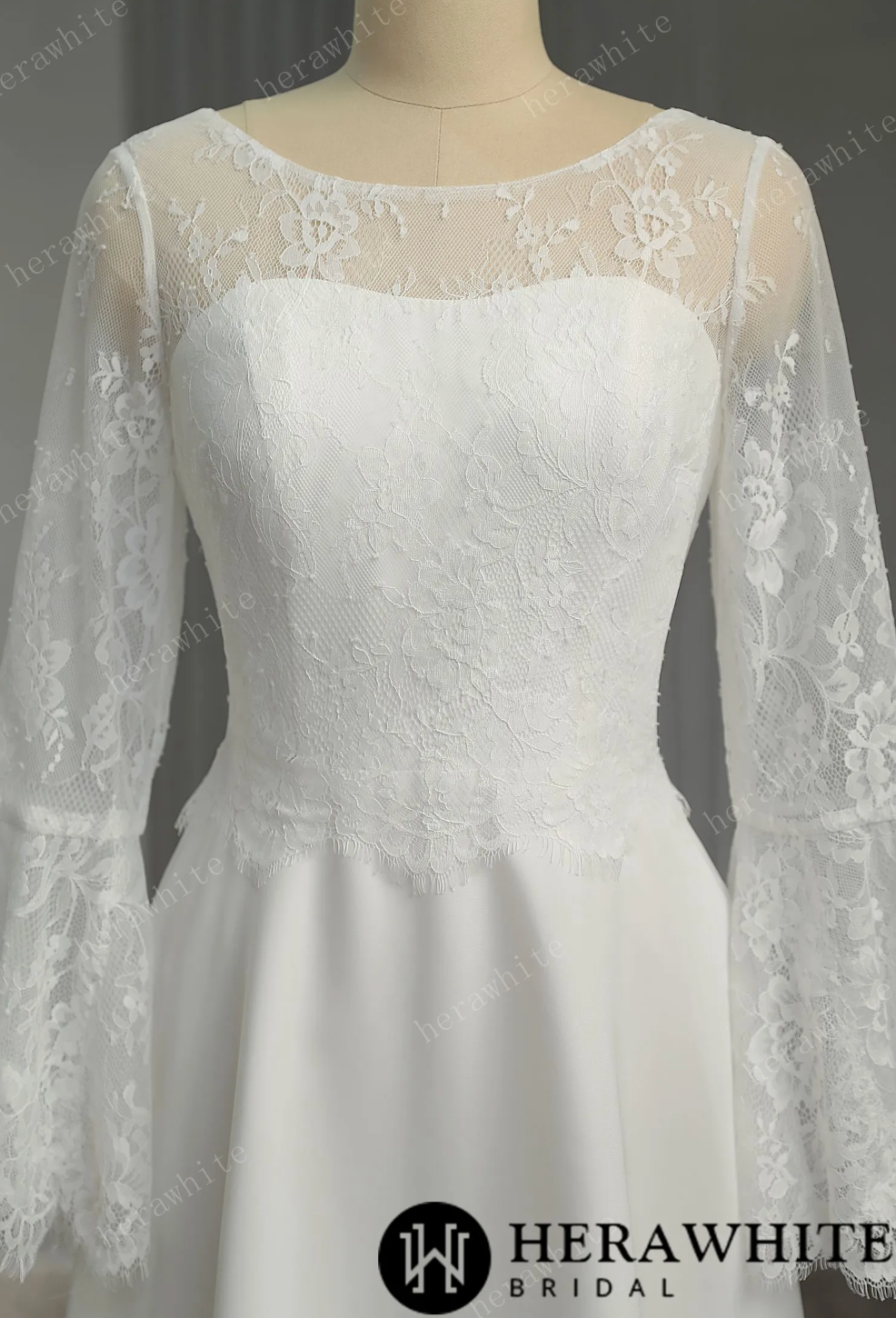 Mini Short Wedding Dress Lace Illusion Trumpet Long Sleeves, The silk chiffon fabric gives the dress a luxurious and silky appearance, while the lace adds a d