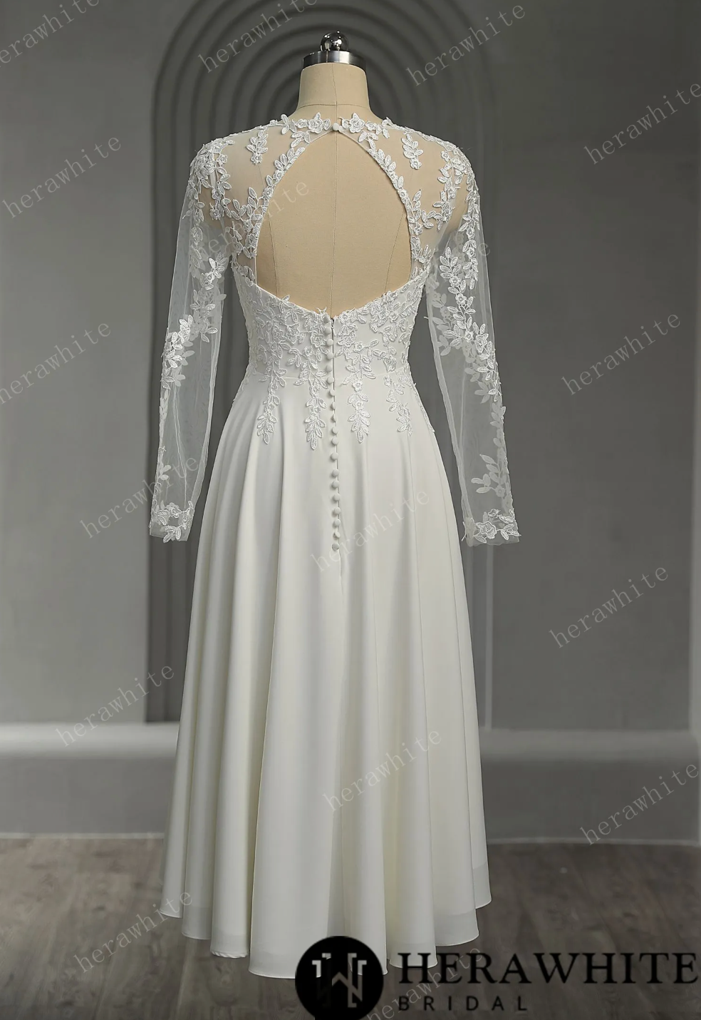 Mini Short Wedding Dress Illusion Lace Long Sleeves No Train,  A modern back zipper design with a long row of covered buttons and a flowing chiffon skirt,