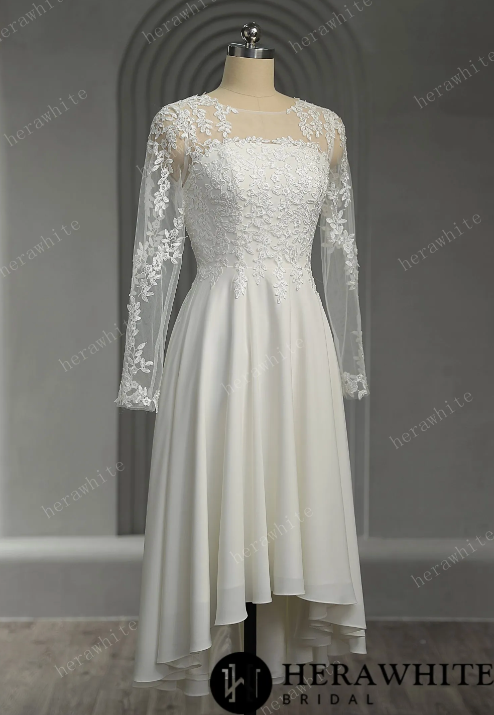 Mini Short Wedding Dress Illusion Lace Long Sleeves No Train,  A modern back zipper design with a long row of covered buttons and a flowing chiffon skirt,