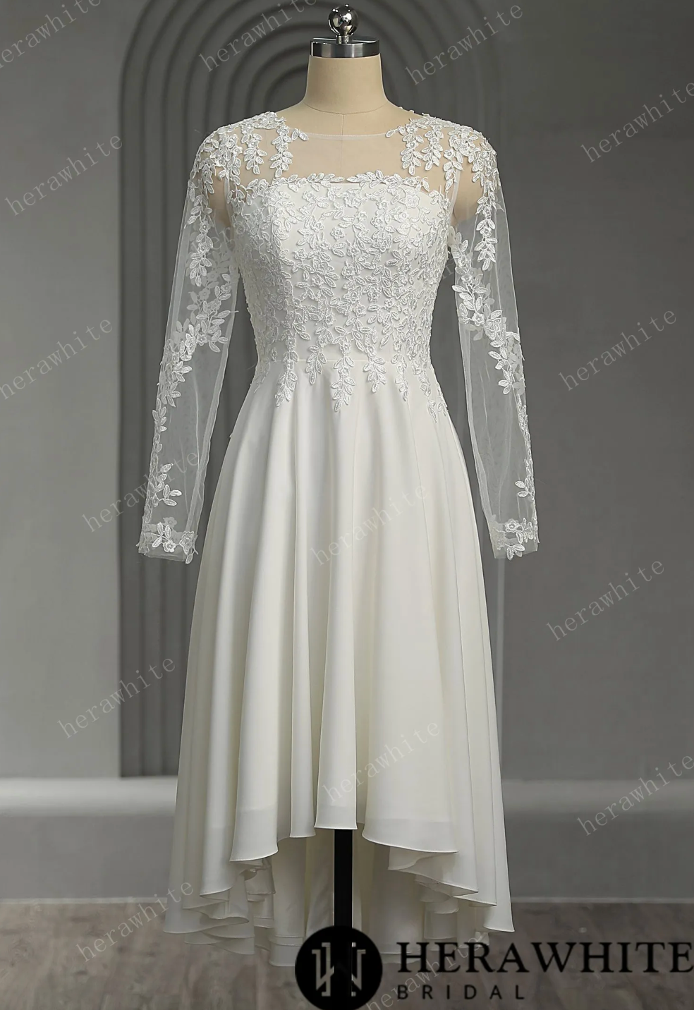 Mini Short Wedding Dress Illusion Lace Long Sleeves No Train,  A modern back zipper design with a long row of covered buttons and a flowing chiffon skirt,