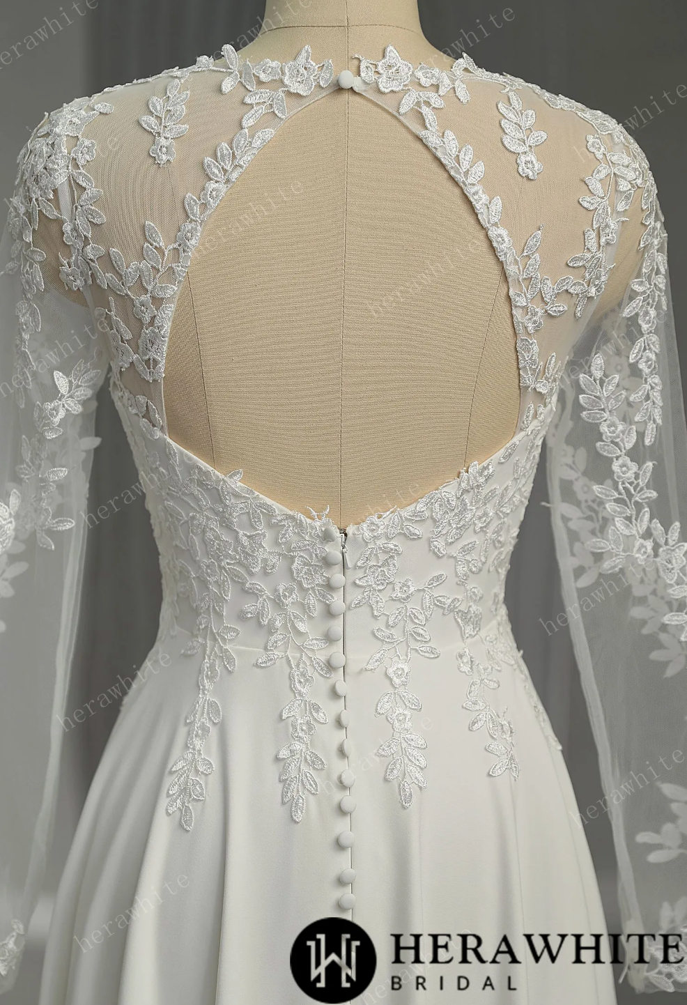 Mini Short Wedding Dress Illusion Lace Long Sleeves No Train,  A modern back zipper design with a long row of covered buttons and a flowing chiffon skirt,