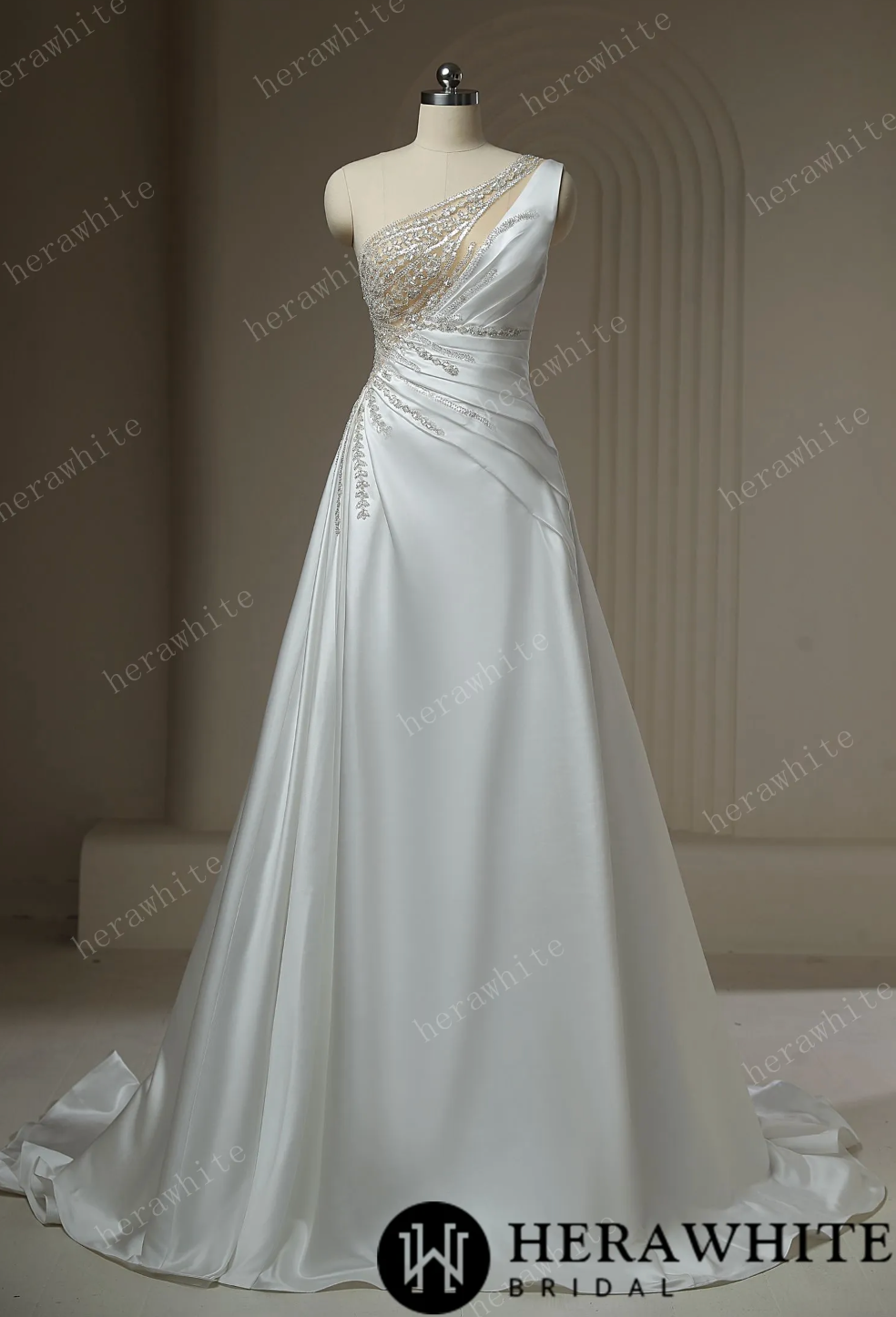 Satin Beaded A Line Wedding Dress Draped Sleeveless Bridal Gown, revel in elegance and charm with this exquisite wedding dress