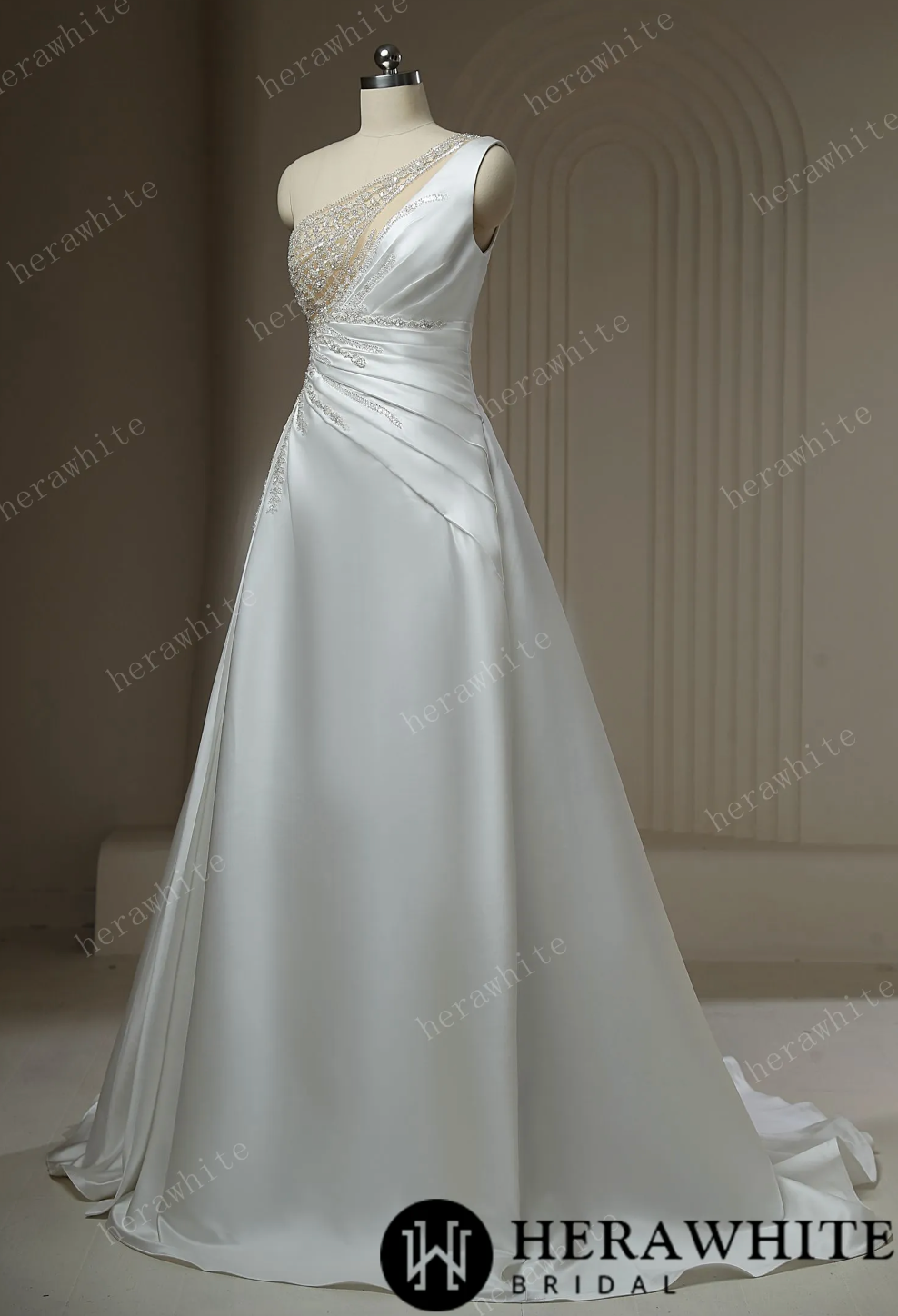 Satin Beaded A Line Wedding Dress Draped Sleeveless Bridal Gown, revel in elegance and charm with this exquisite wedding dress