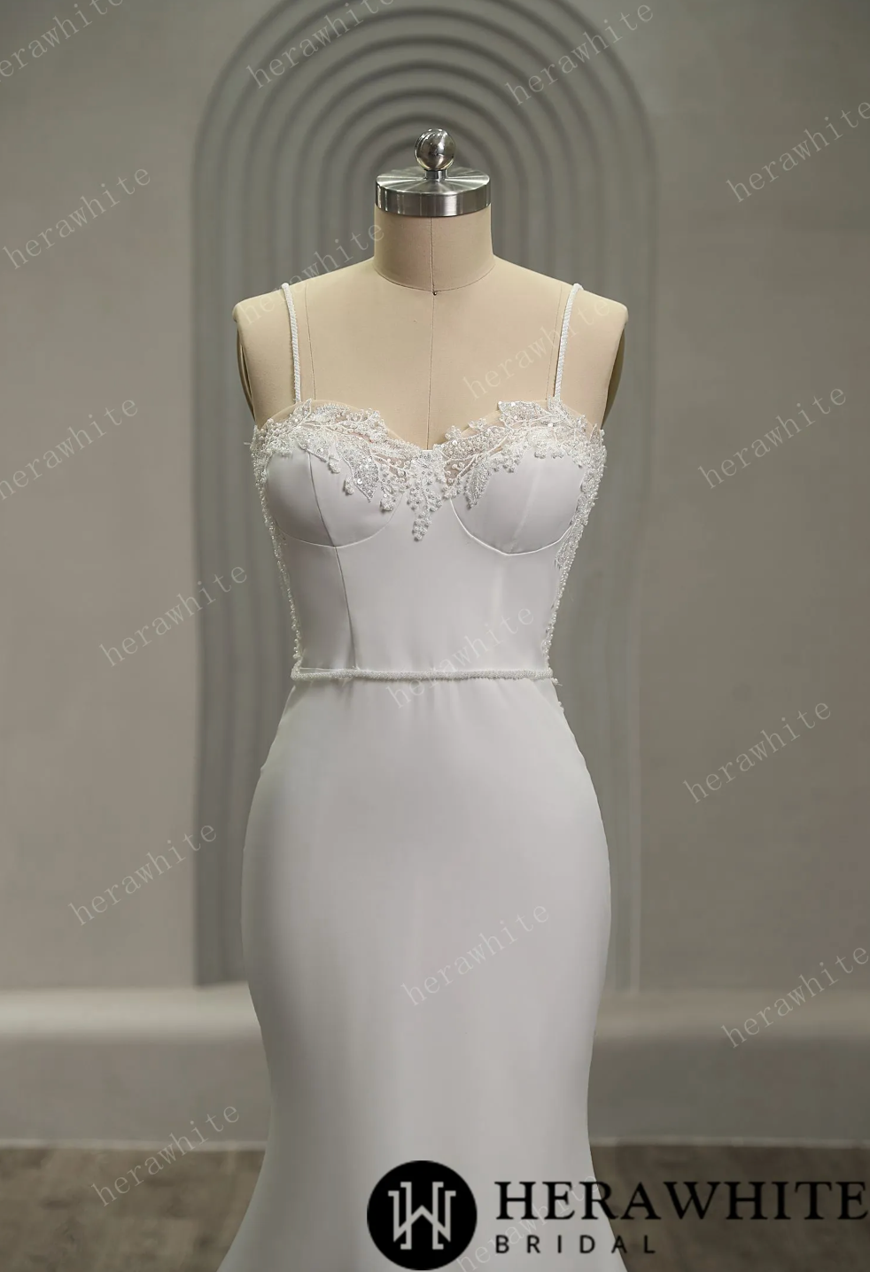 Crepe Lace Wedding Dress Sleeveless Trumpet Bridal Gown, Indulge in the exquisite design of this dress, adorned with fine lace detailing