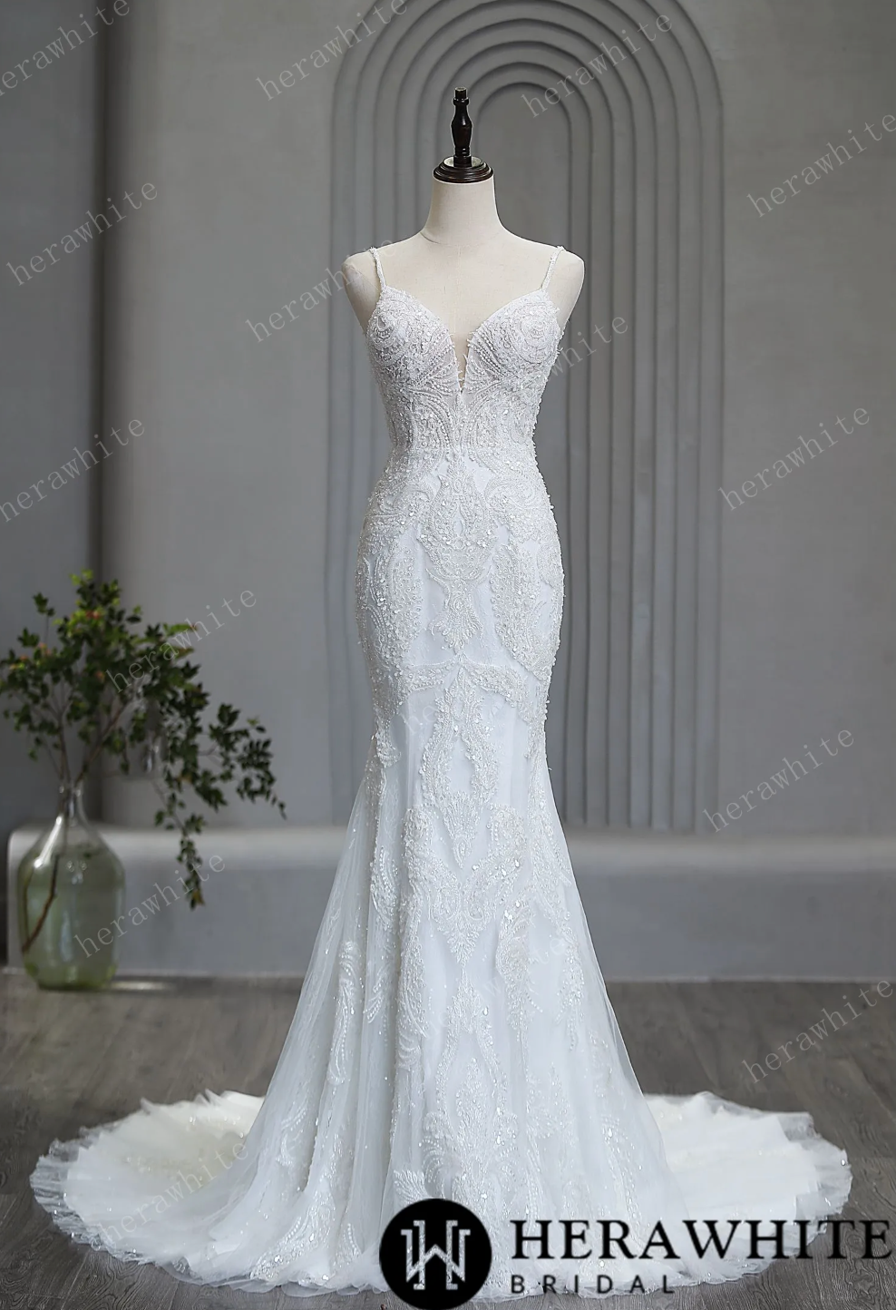 Crepe Lace Wedding Dress Beaded A Line Bridal Gown, this timeless and elegant wedding dress is designed to flatter all figures