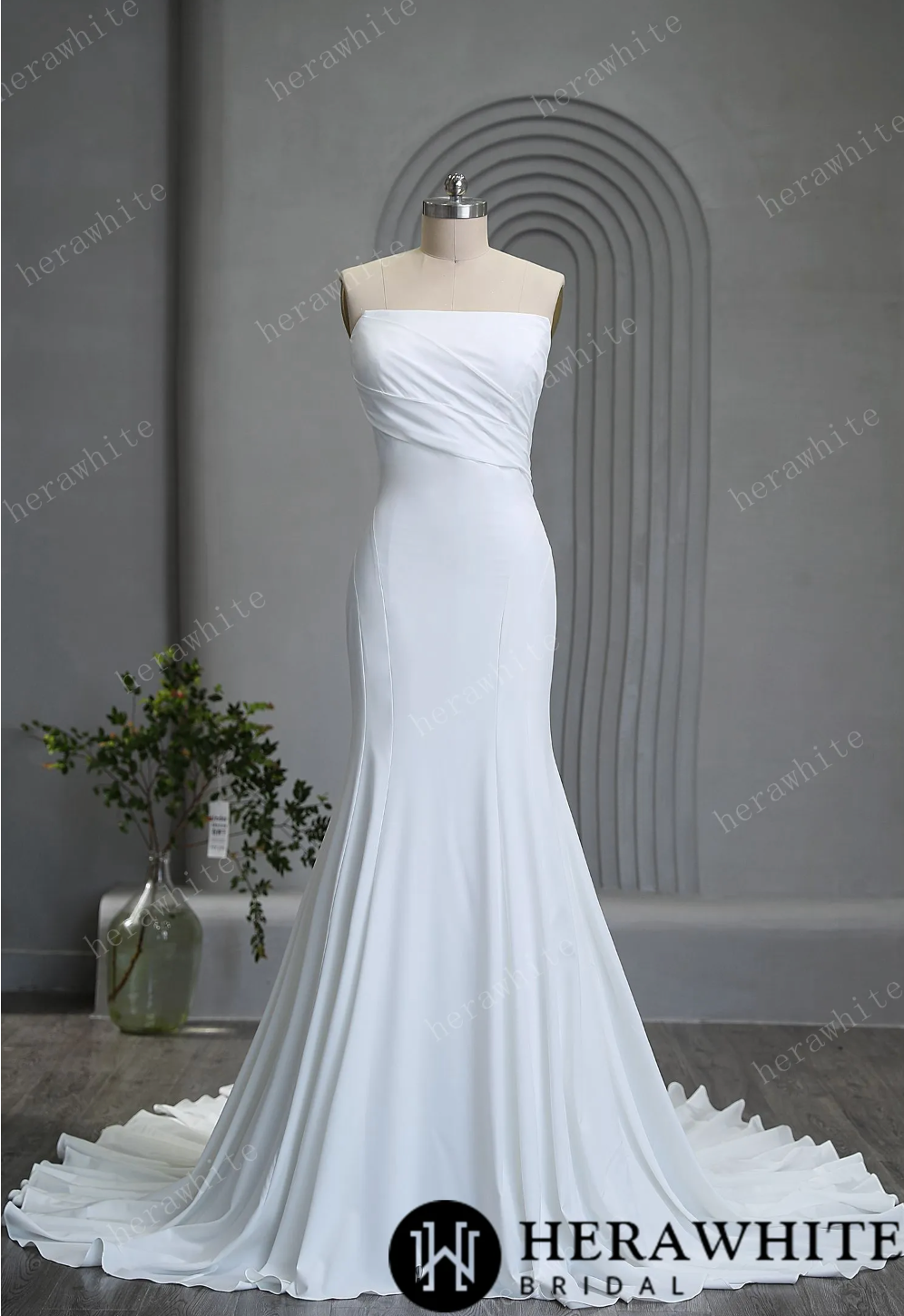 Crepe Trumpet Wedding Dress With Train Sleeveless Bridal Gown, indulge in the strapless design and reveal your stunning shoulders, while the pleated details add a hint of refinement