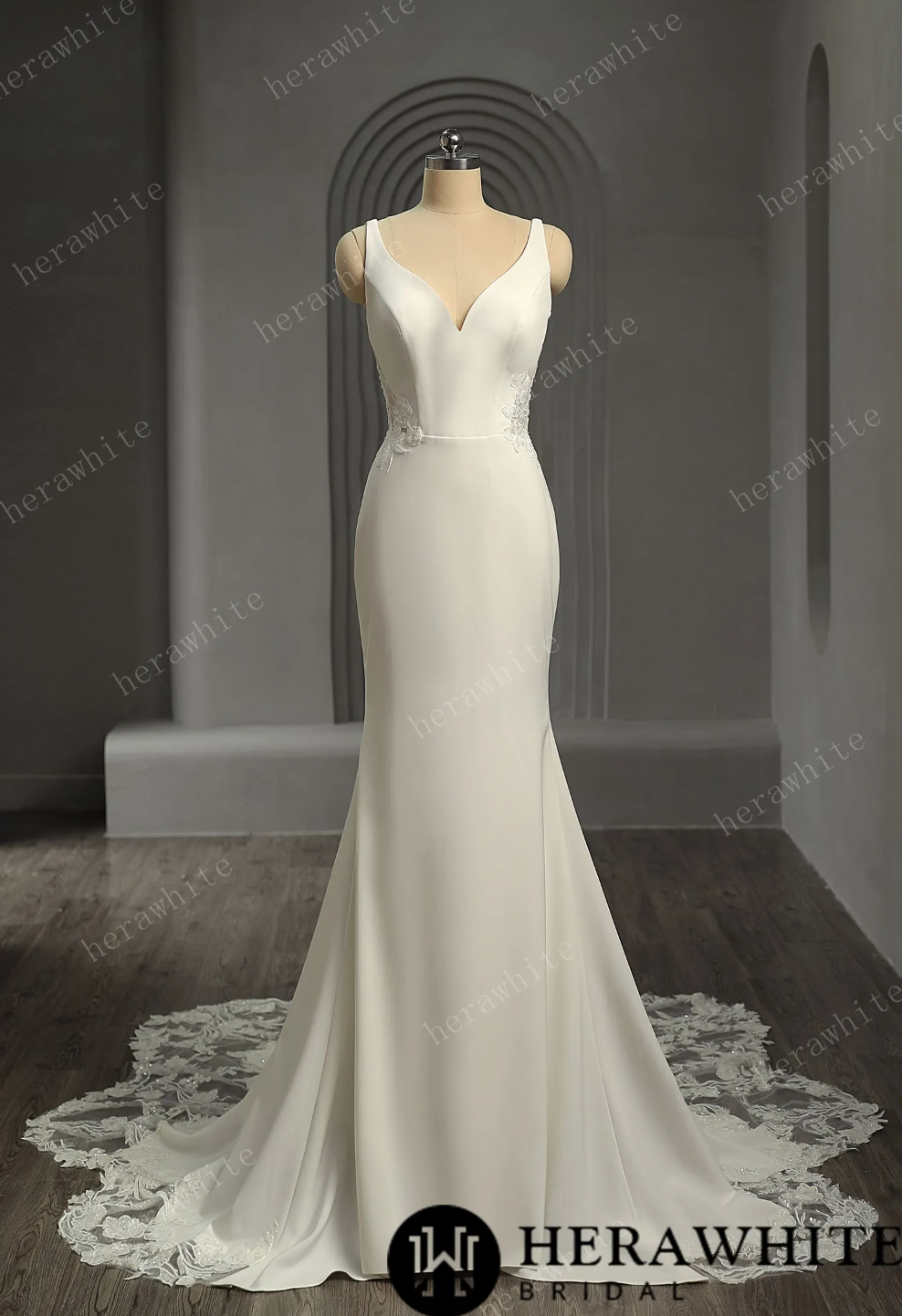Crepe Fit & Flare Wedding Dress With Open Illusion Back Bridal Gown, a picture of classic, clean lines, constructed from a classy stretch georgette.