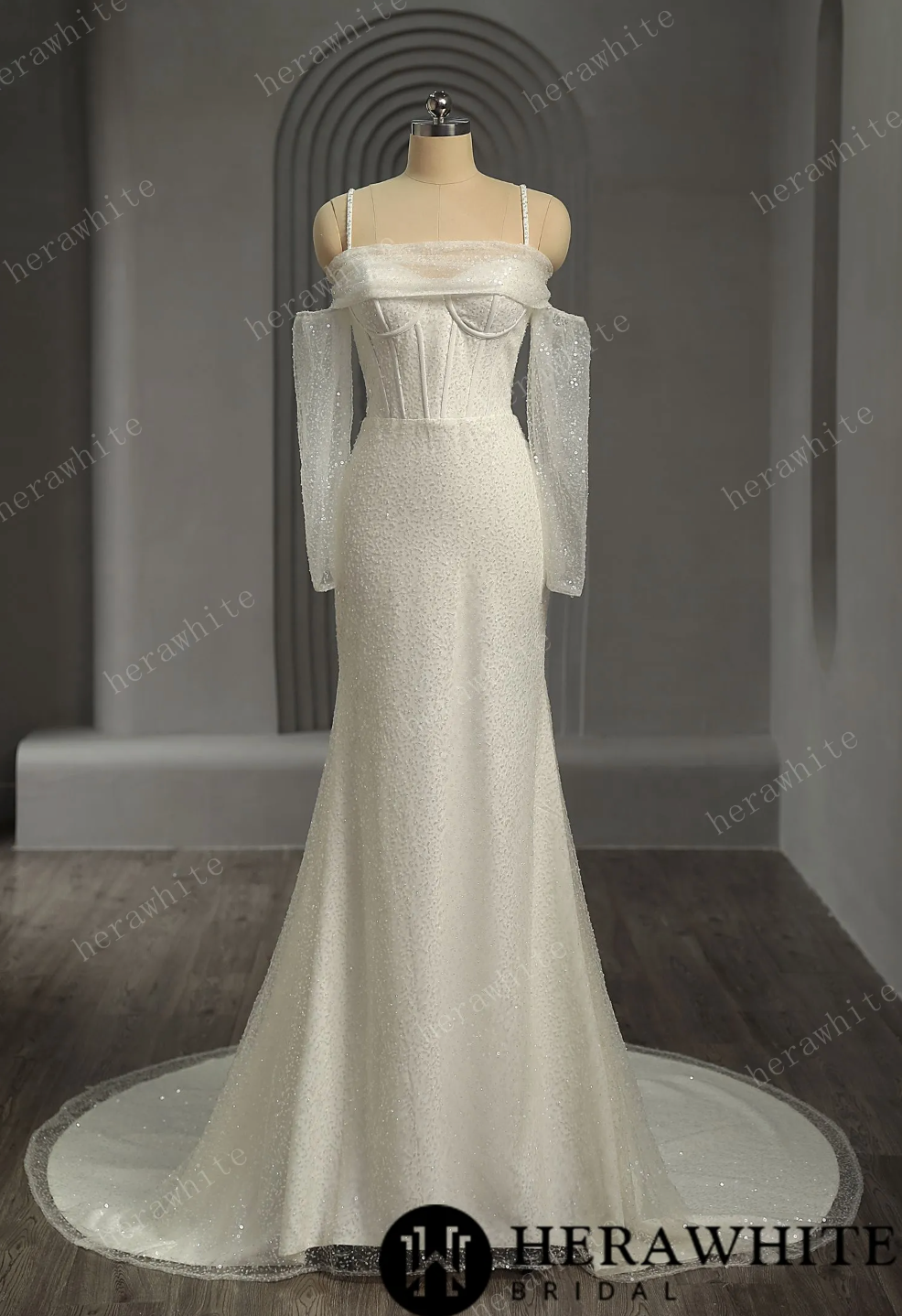 Tulle Fit & Flare Wedding Dress Detachable Sleeves Bridal Gown, romantic charm and dreamy details best describe this slim fit n' flare gown