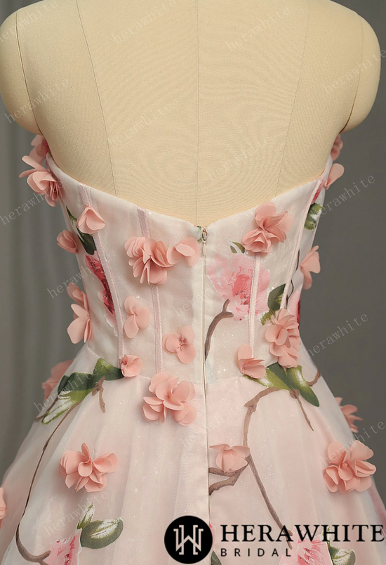 A-Line Pink Sweetheart Long Wedding Dress With 3D Flowers